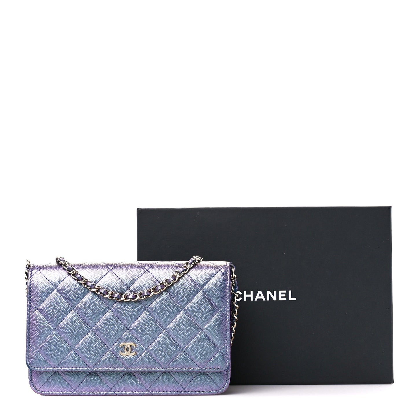 Iridescent Caviar Quilted Wallet on Chain WOC Dark Blue
