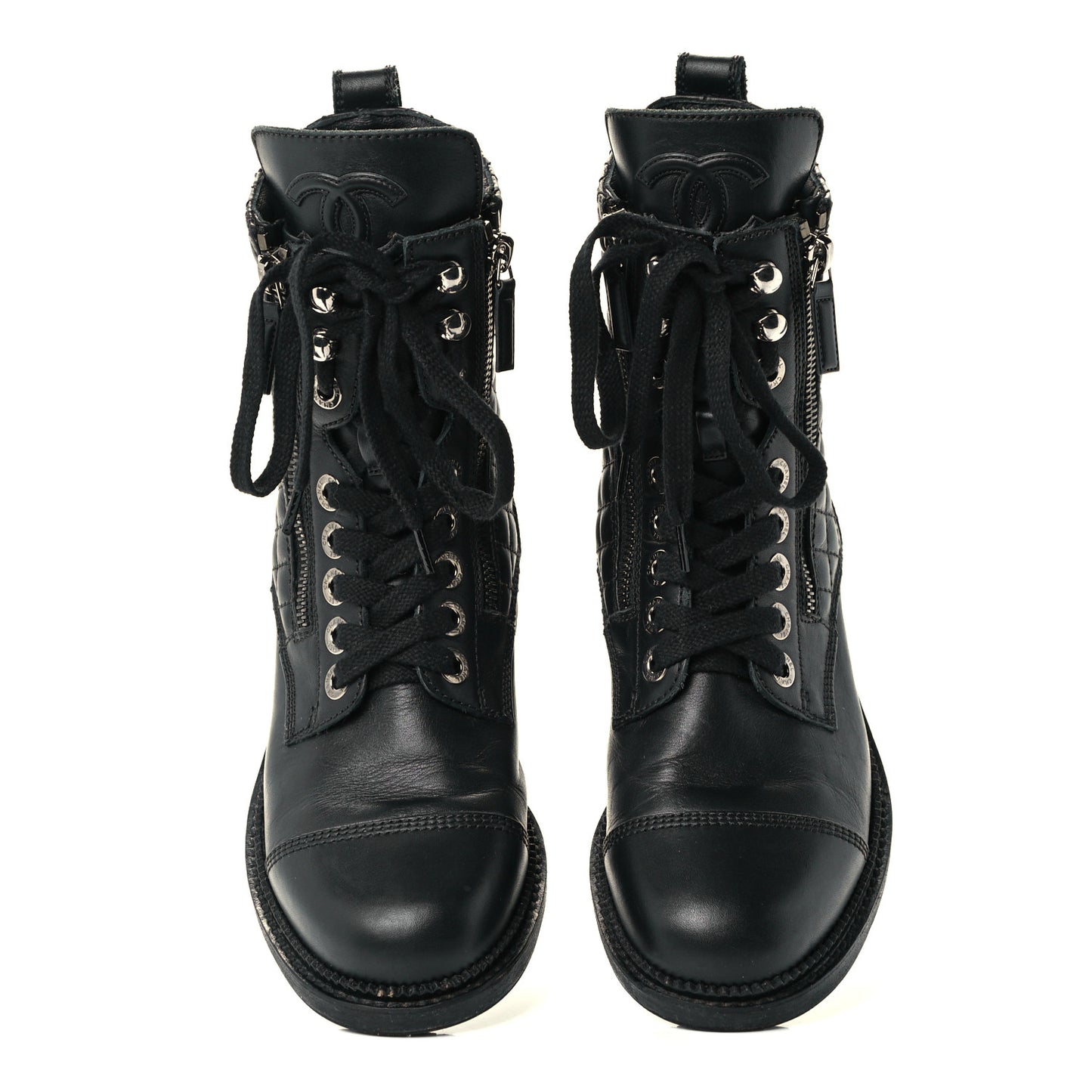 Calfskin Quilted Lace Up Combat Boots 36.5 Black