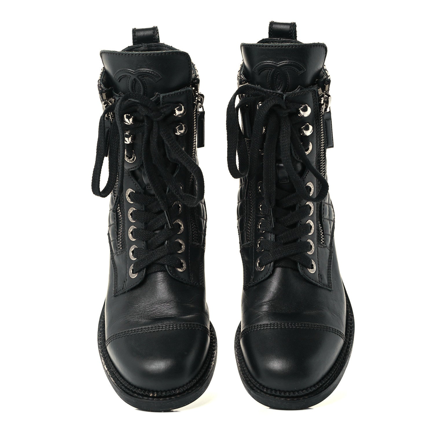 Chanel Calfskin Quilted Lace Up Combat Boots 36.5 Black 5 of 10