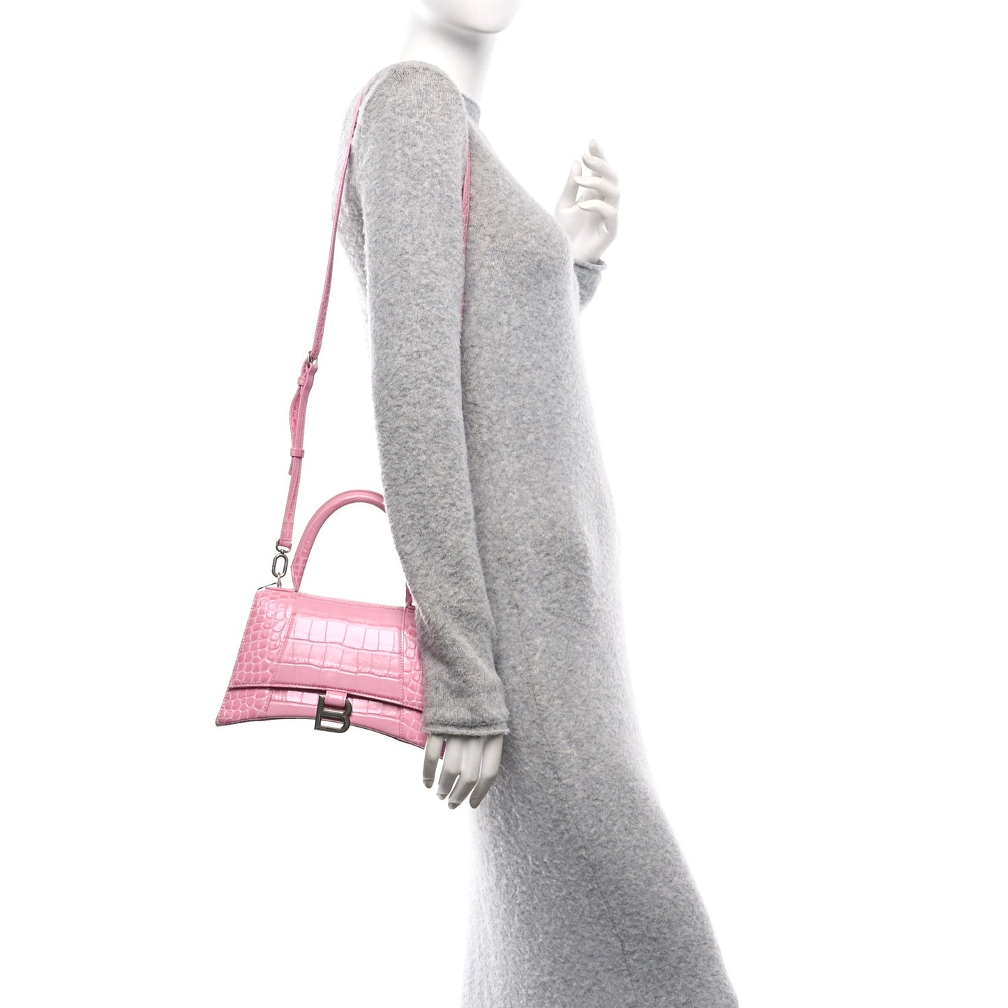 Shiny Calfskin Crocodile Embossed Small Hourglass Top Handle Bag Candy Pink