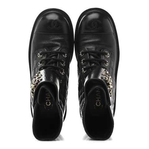 Shiny Goatskin Calfskin Quilted Lace Up Combat Boots 37 Black