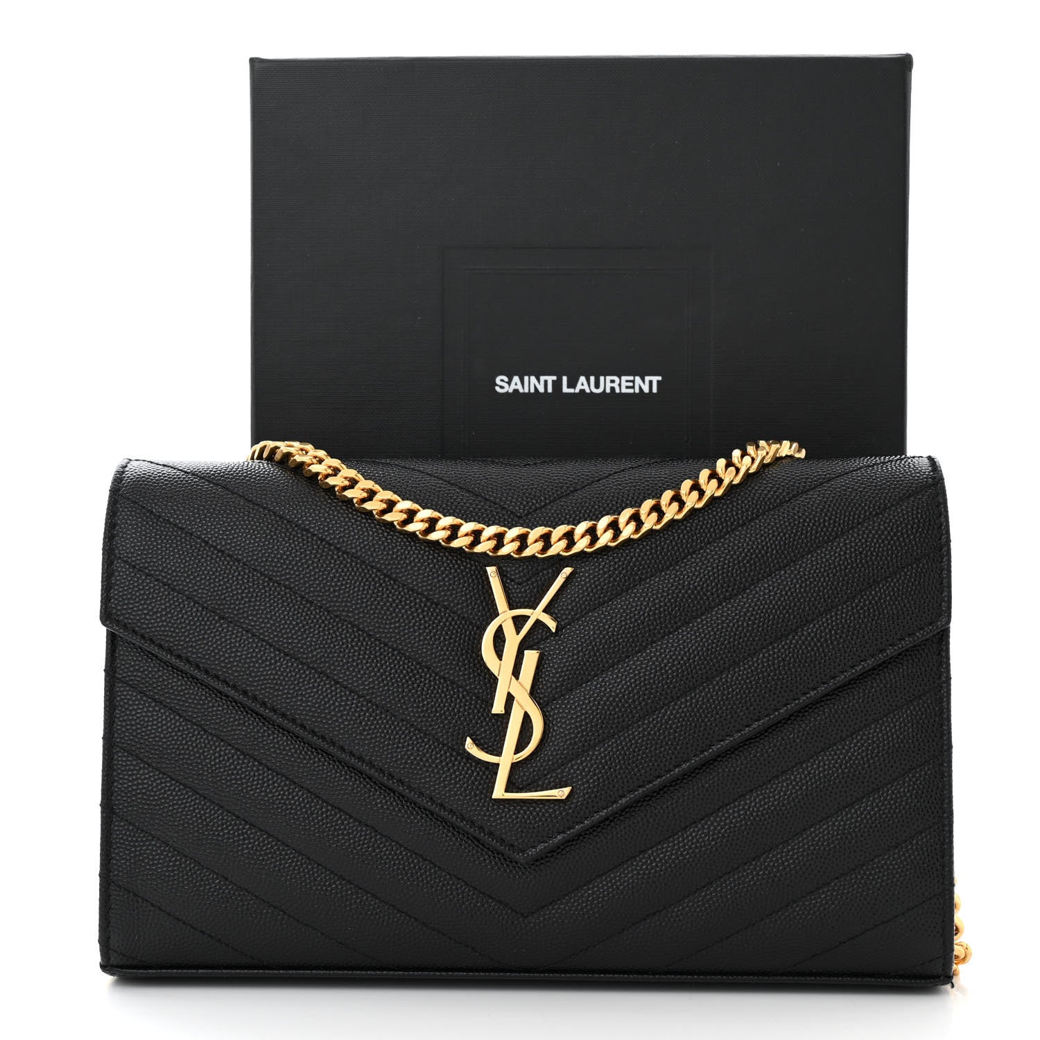Saint Laurent Grain De Poudre Matelasse Chevron Monogram Chain Wallet Black 12 of 12