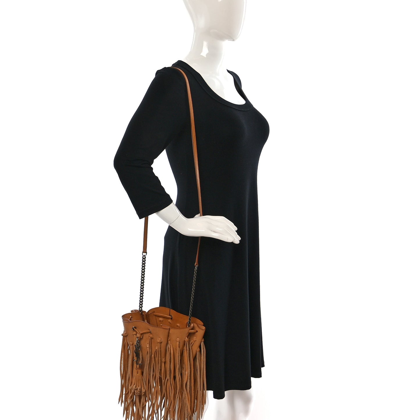 Calfskin Fringe Monogram Mini Bourse Bucket Bag Tan