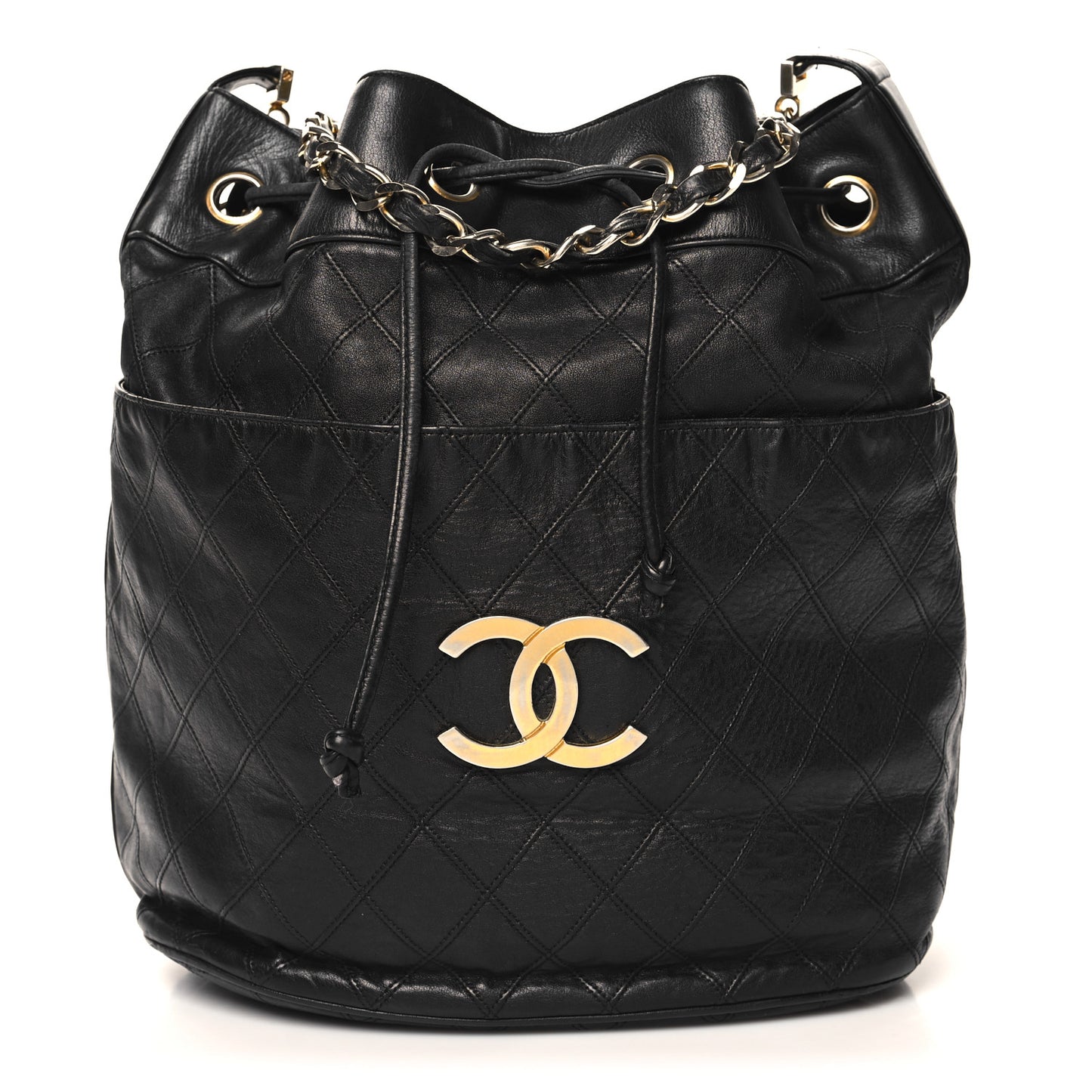 Lambskin Diamond Stitched CC Drawstring Shoulder Bag Black