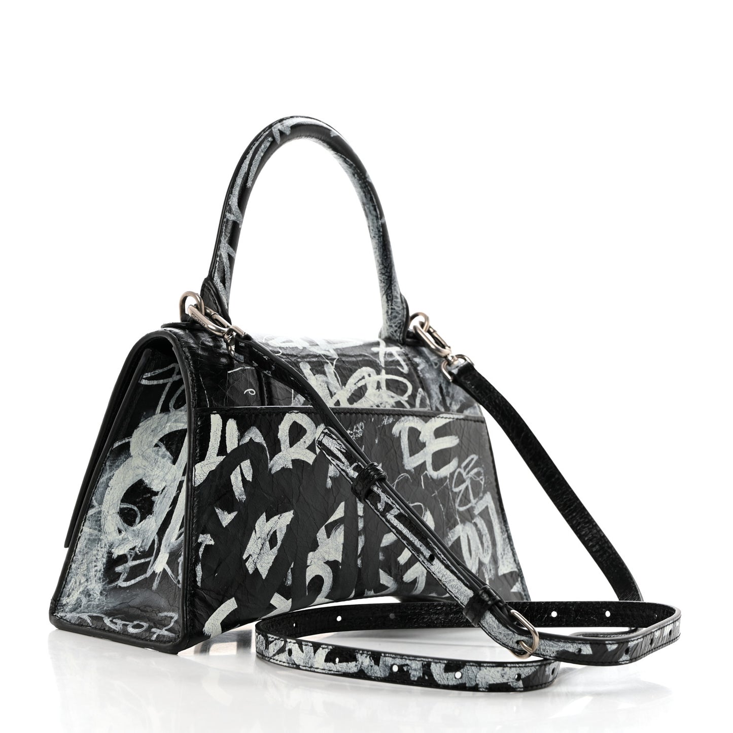 Agneau Graffiti Logo Small Hourglass Top Handle Bag Black