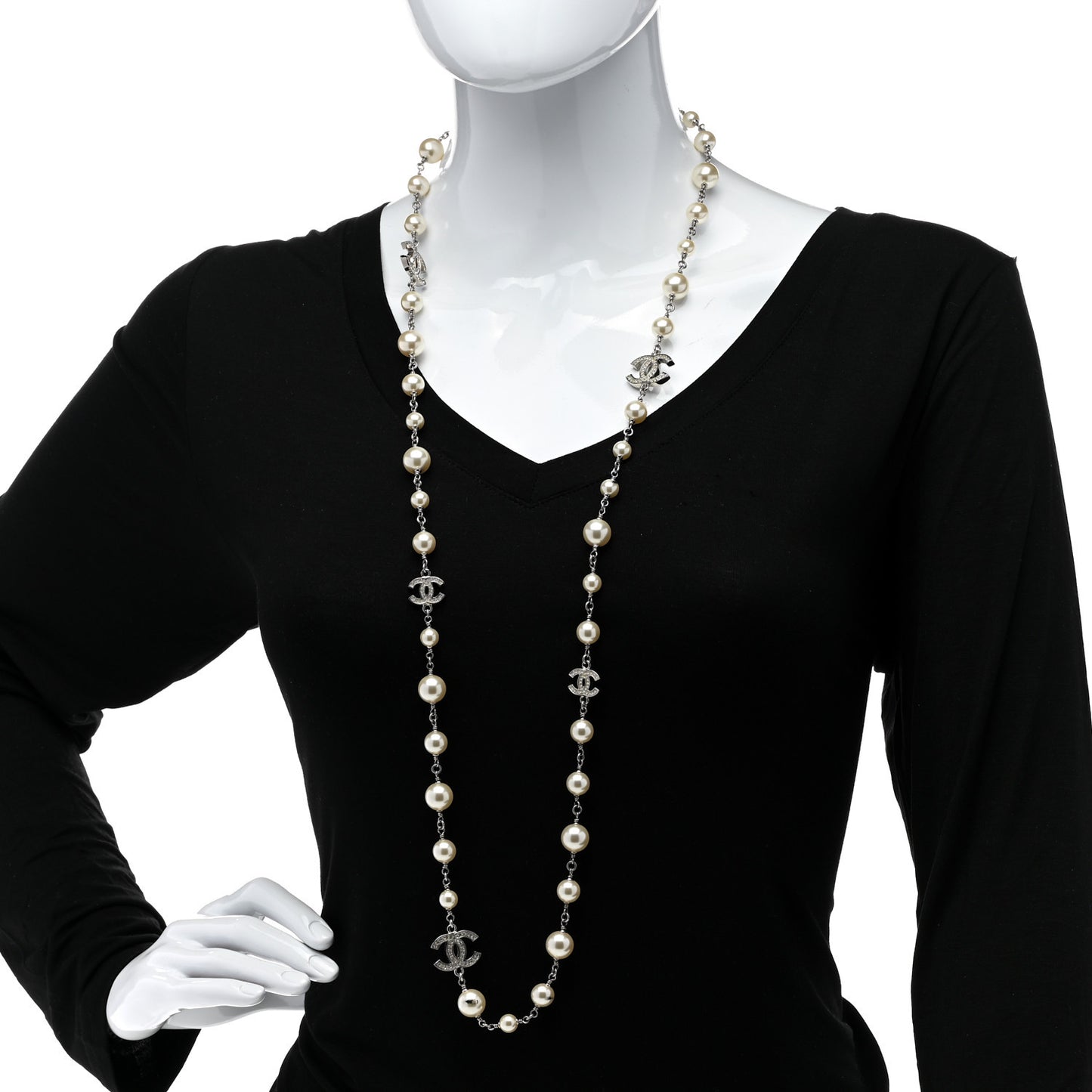 Graduated Pearl Crystal CC Long Necklace Silver