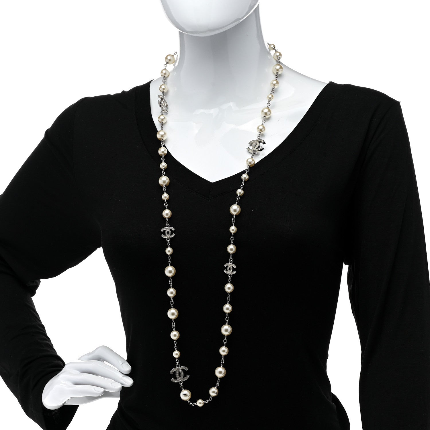 Chanel Graduated Pearl Crystal CC Long Necklace Silver 2 of 5