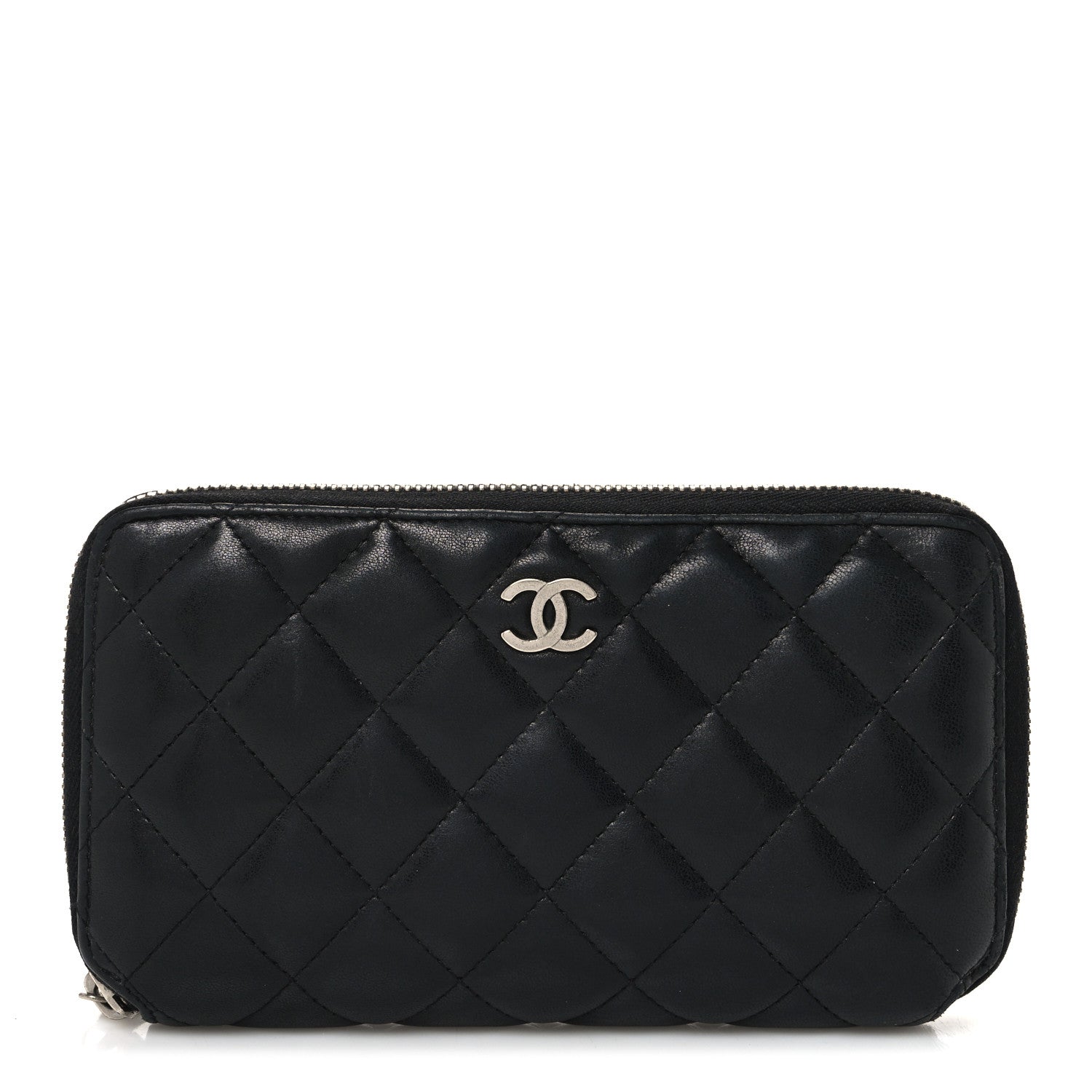 Chanel Lambskin Quilted Large Gusset Zip Around Wallet Black