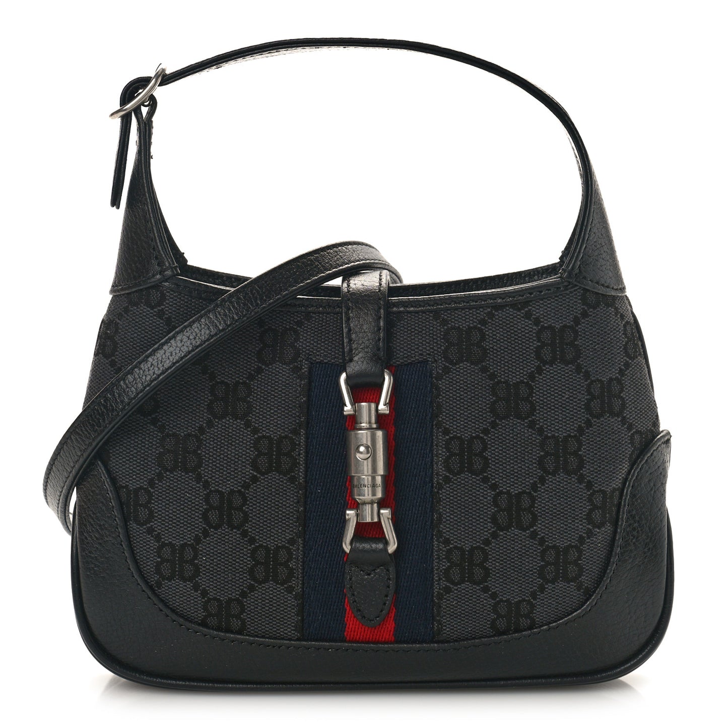 X BALENCIAGA BB Monogram Calfskin Web Mini Jackie 1961 Hobo Black