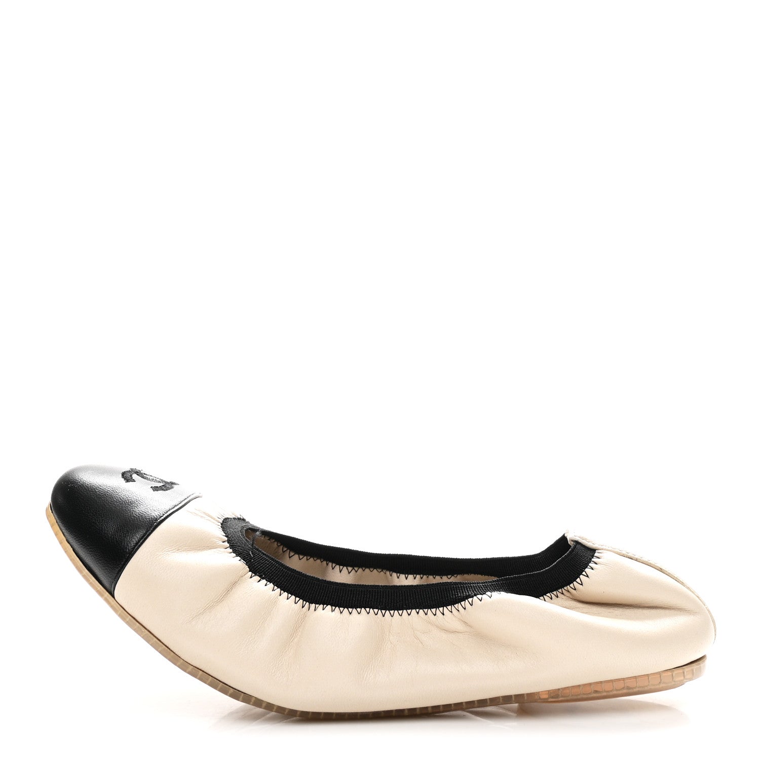 Chanel Lambskin CC Elastic Cap Toe Ballerina Flats 35 White Black