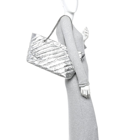Metallic Crushed Calfskin Quilted Medium Crush Carry All Tote Bag Silver