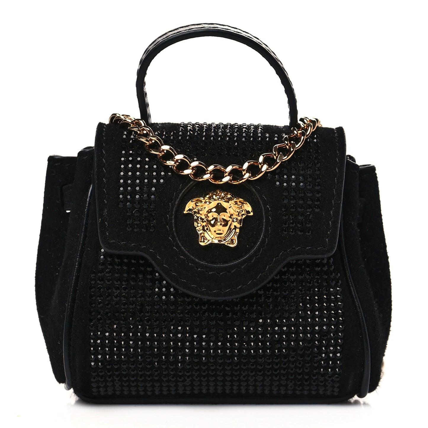 Suede Crystal Studded Micro La Medusa Bag Black