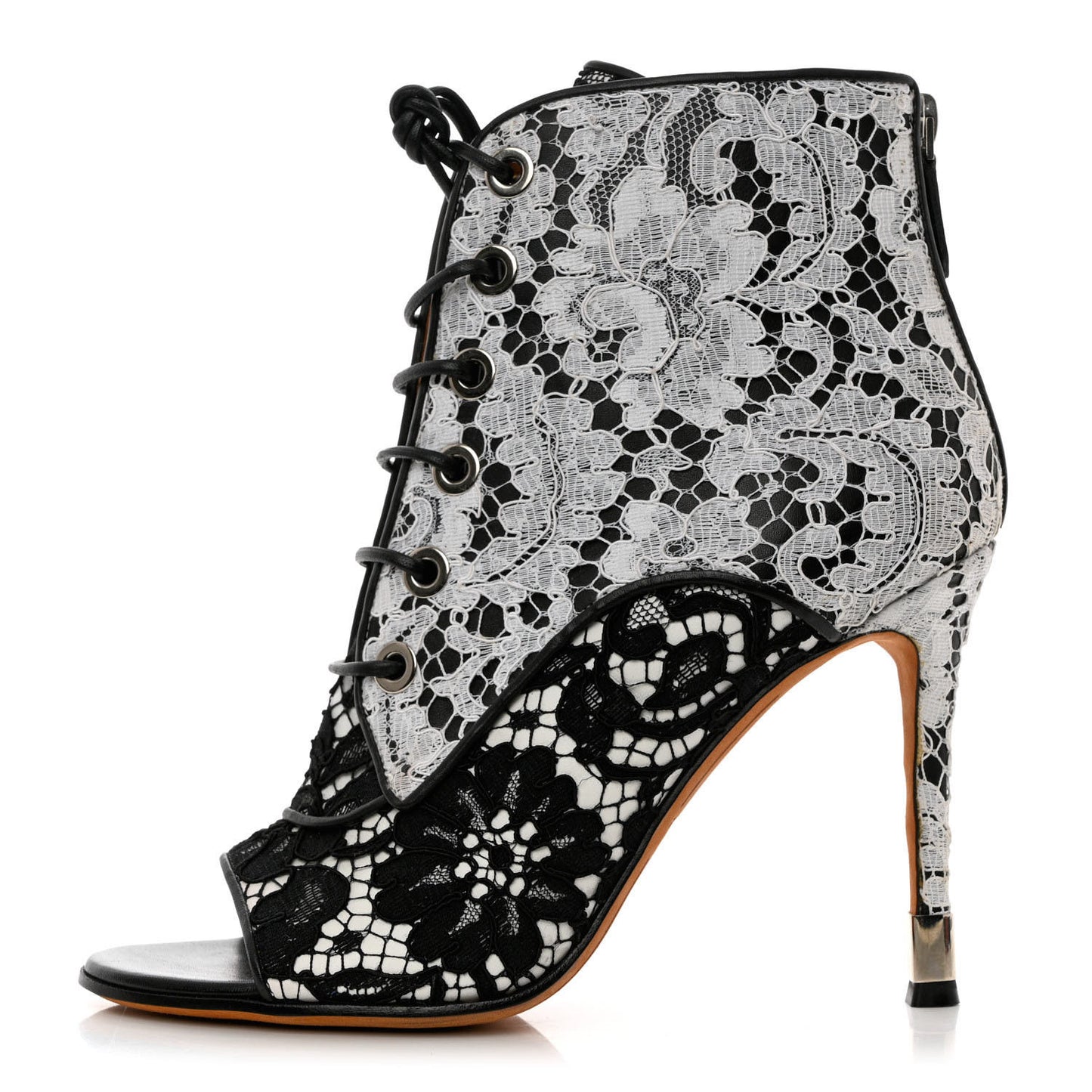 Calfskin Lace Peep Toe Ankle Booties 38 White Black