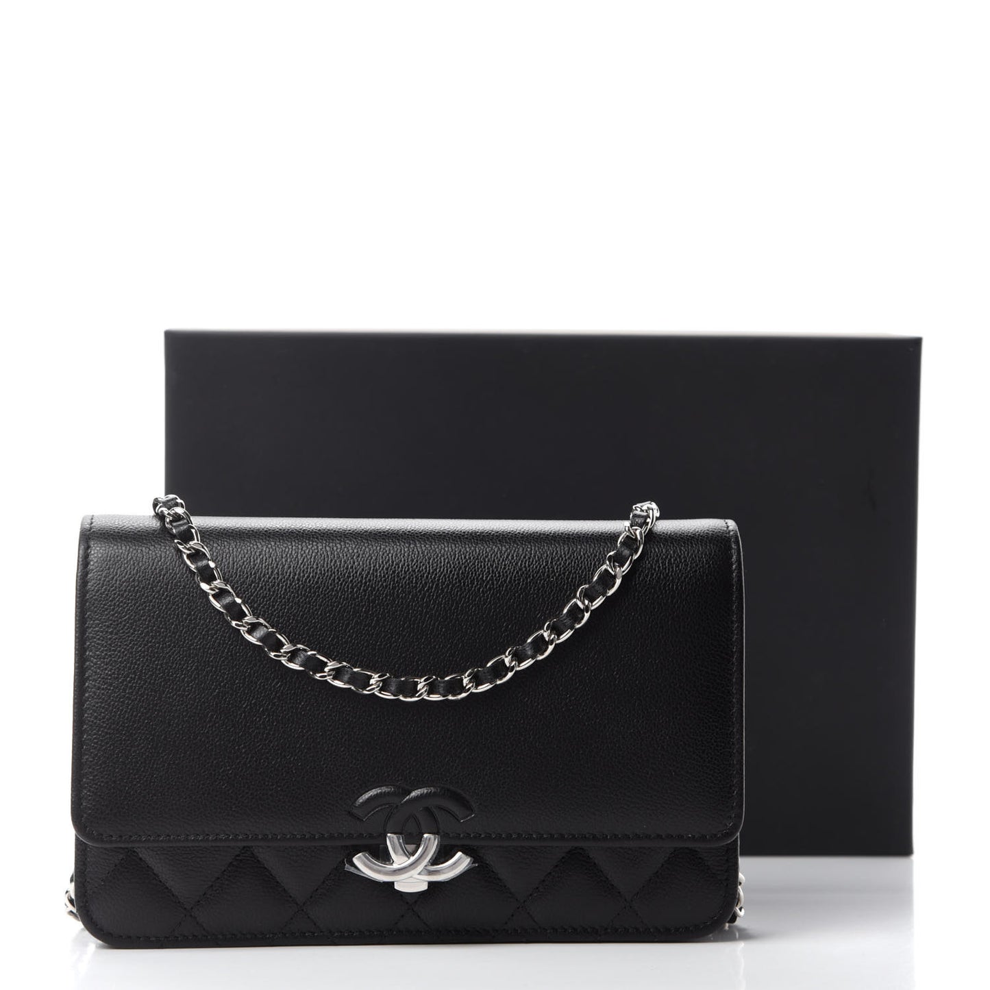 Grained Calfskin Quilted CC Box Wallet On Chain WOC Black