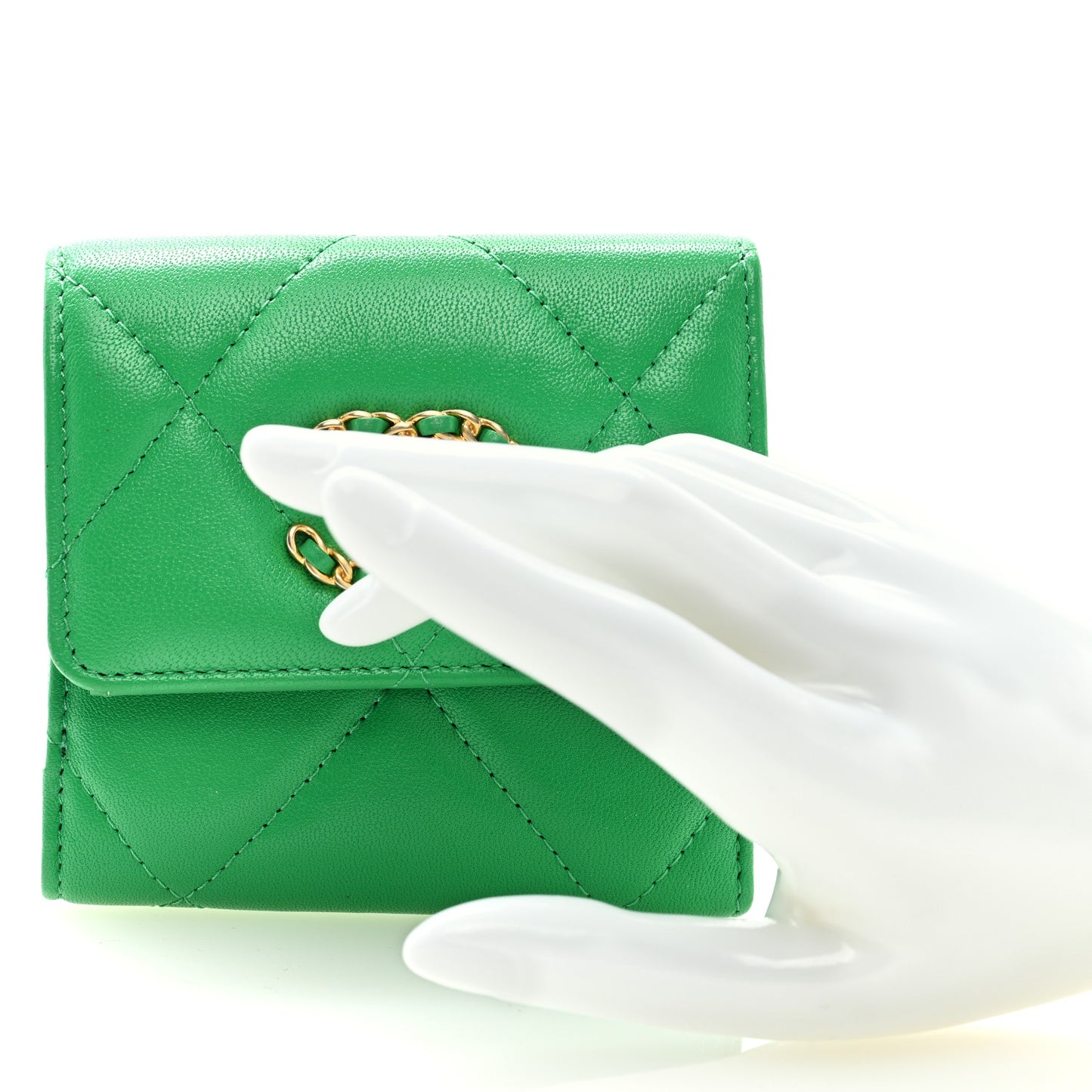 Goatskin Quilted Chanel 19 Small Flap Wallet Green