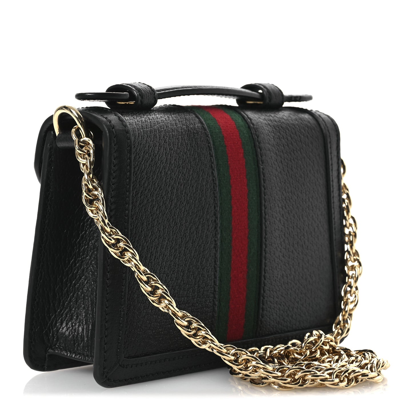 Textured Dollar Calfskin Web Mini Ophidia Padlock Top Handle Chain Shoulder Bag Black