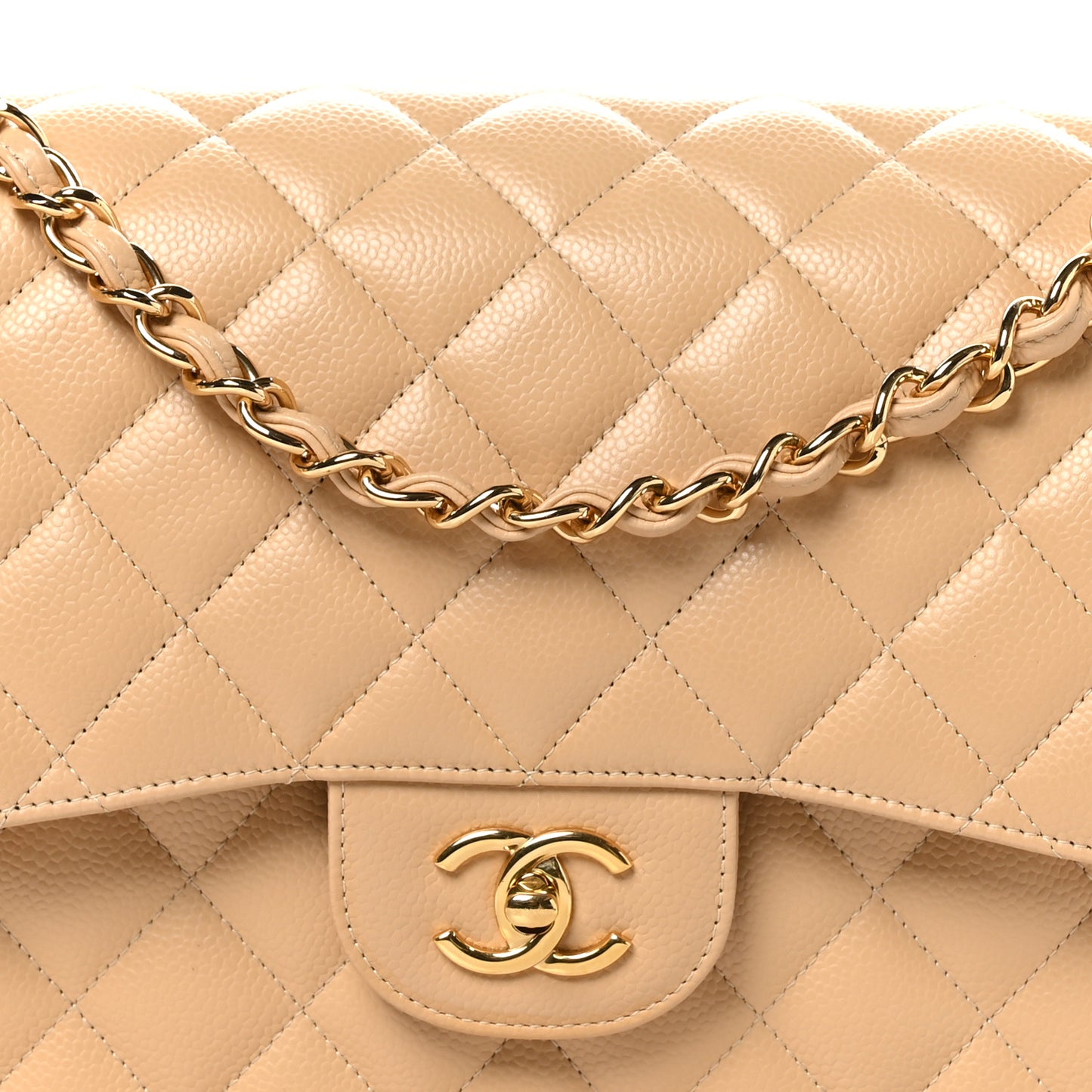 Caviar Quilted Jumbo Double Flap Beige