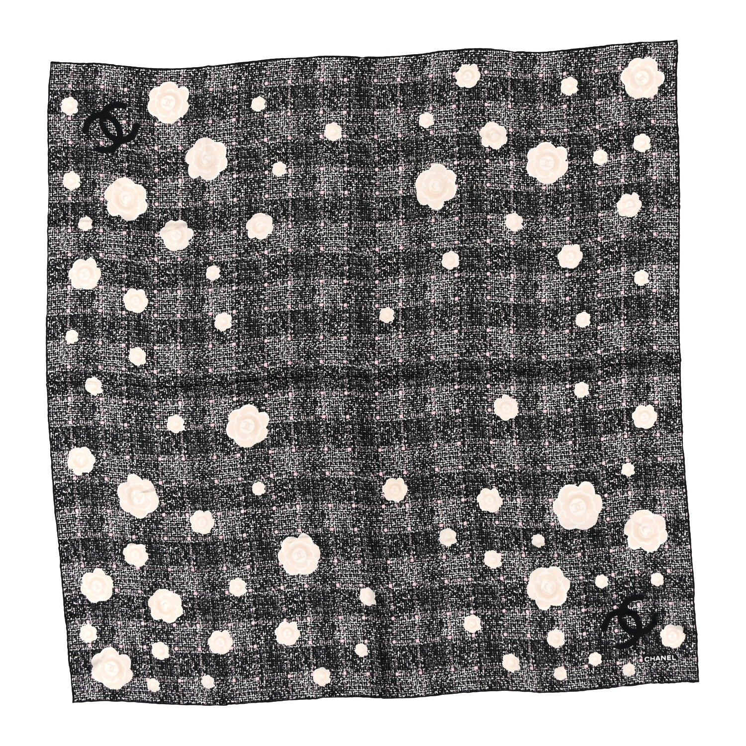 t*i様 シャネル　花柄 CCロゴ スカーフ 約80cm Chanel Silk Camellia CC Square Scarf Black White Pink Light Beige