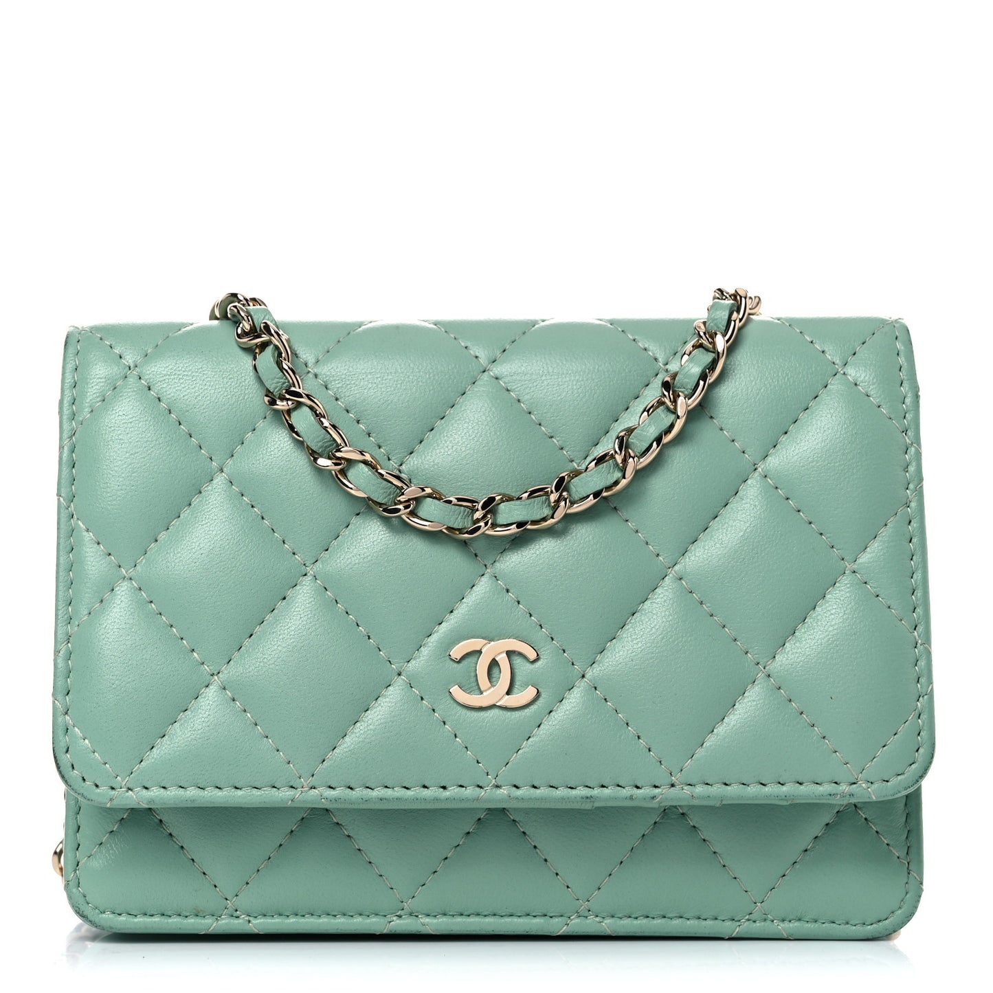 Lambskin Quilted Mini Wallet On Chain WOC Light Green