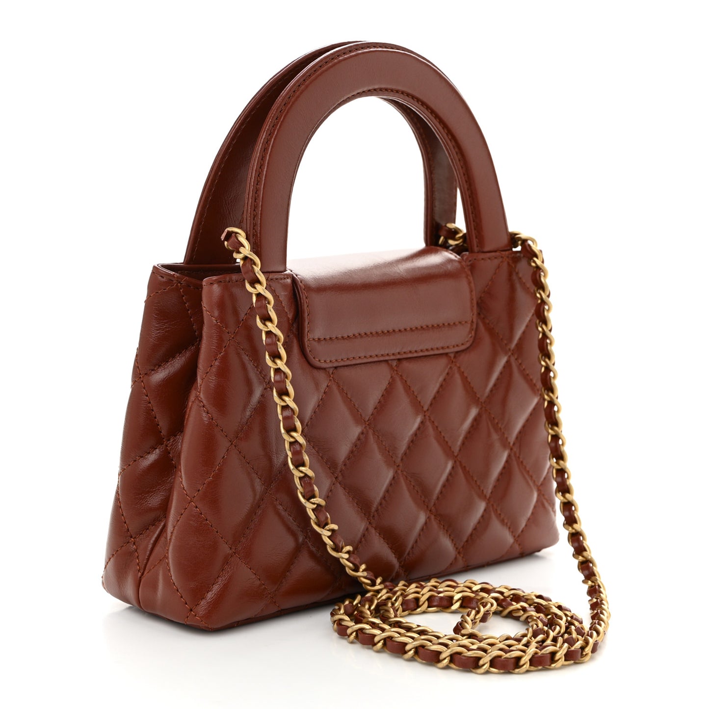 Shiny Aged Calfskin Quilted Nano Kelly Shopper Brown
