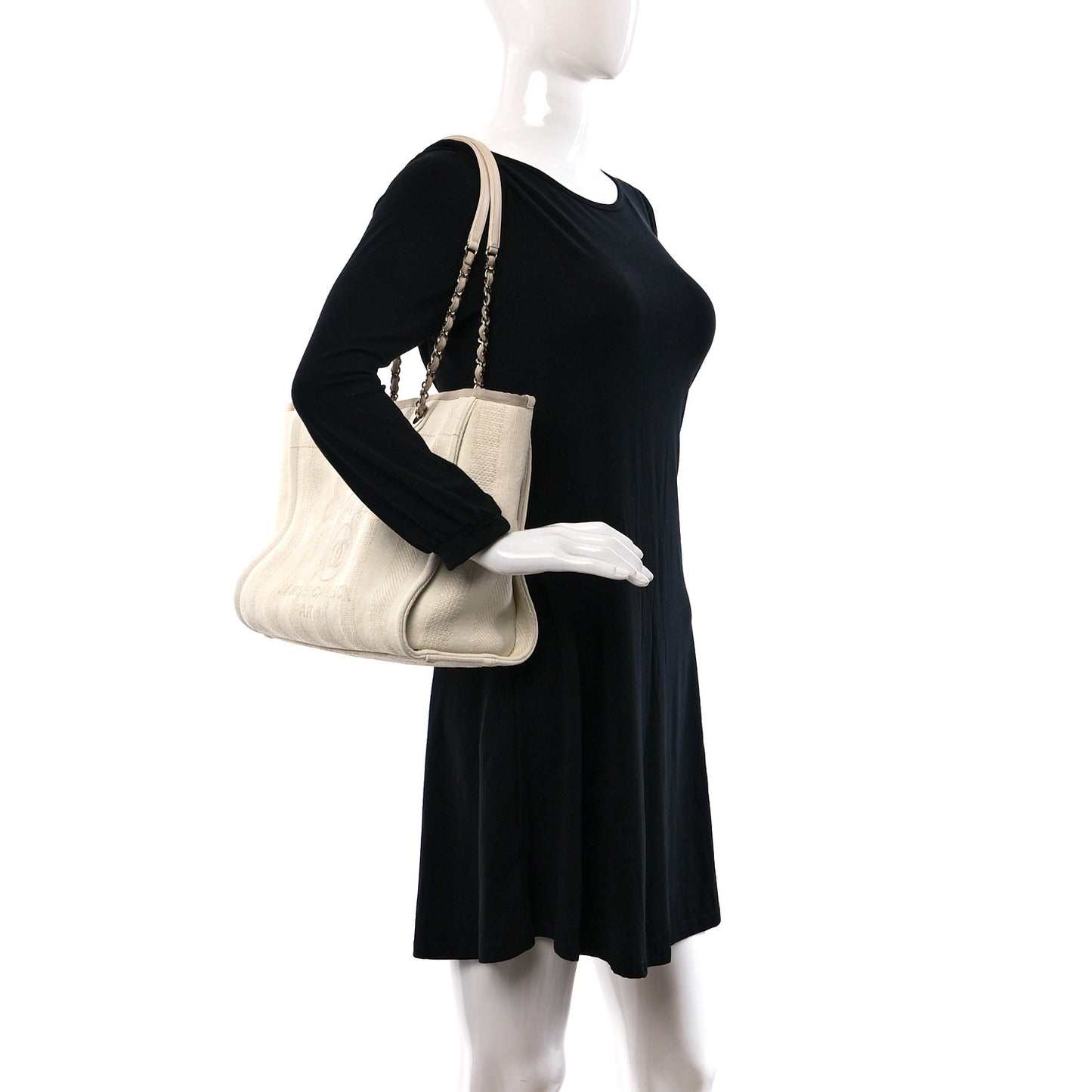 Straw Raffia Calfskin Striped Small Deauville Tote Beige