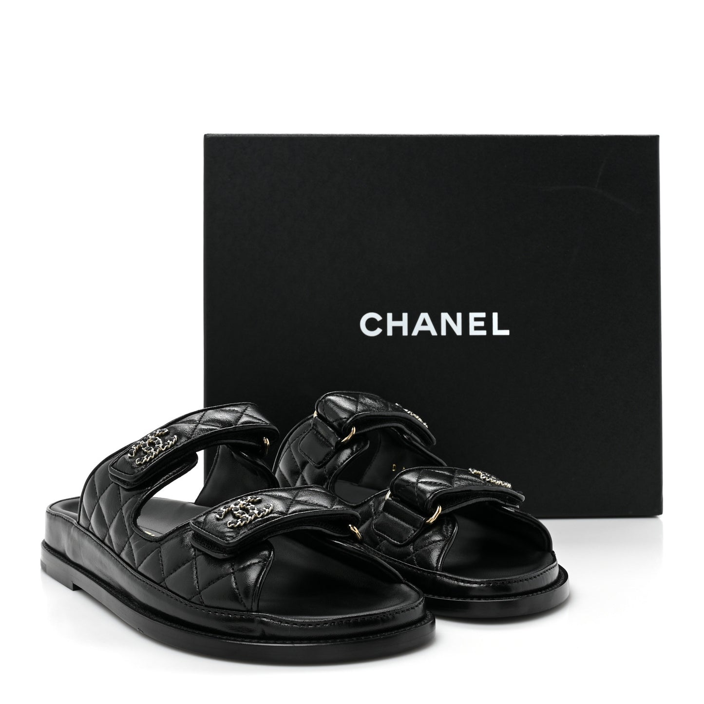 Lambskin Quilted Velcro Dad Chain CC Slide Sandals 38 Black