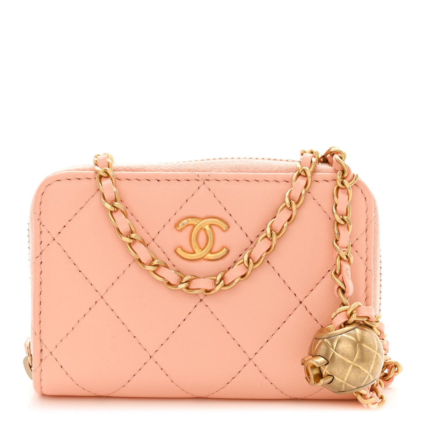 Lambskin Quilted CC Pearl Crush Zip Card Holder On Chain Pink