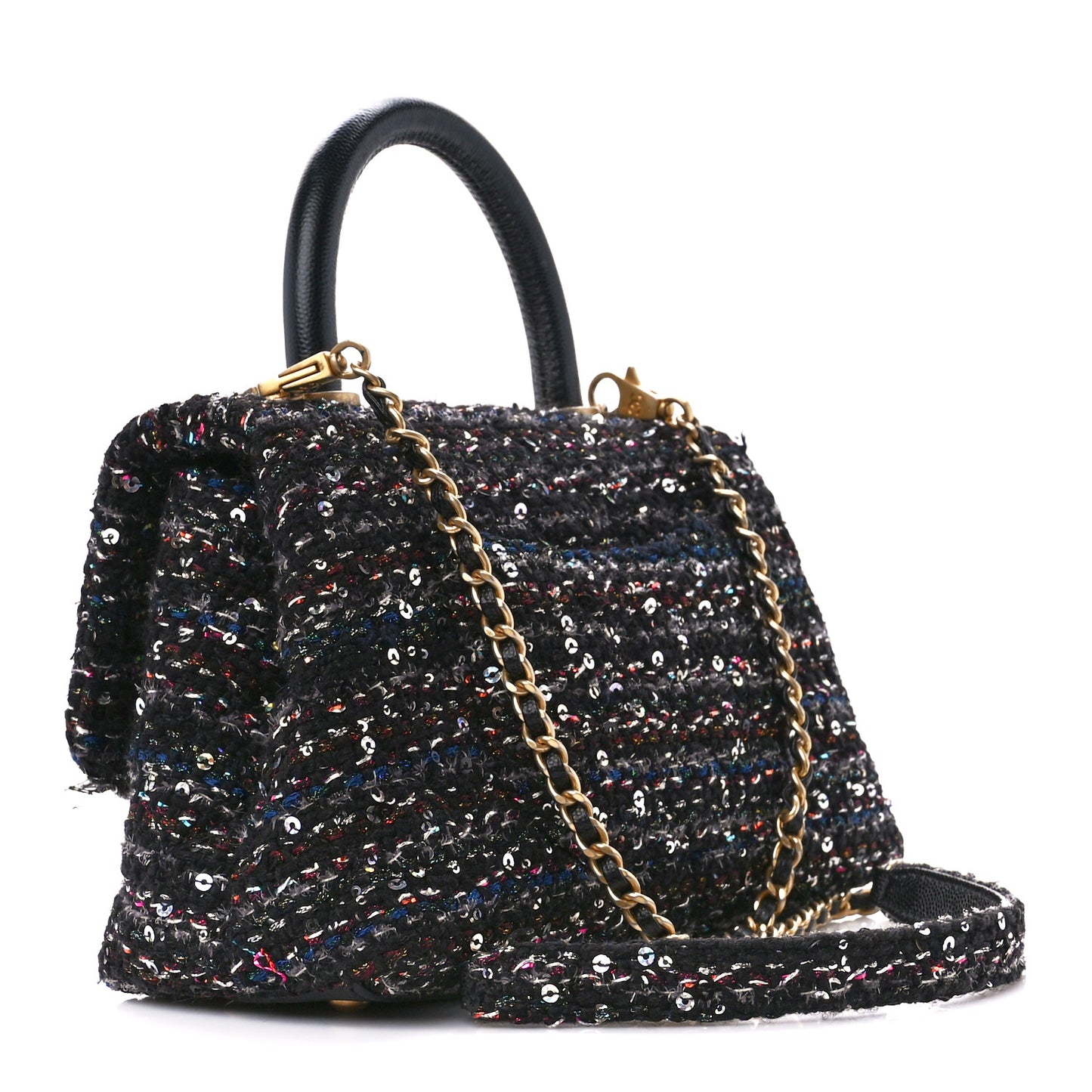 Tweed Sequin Mini Coco Handle Flap Black