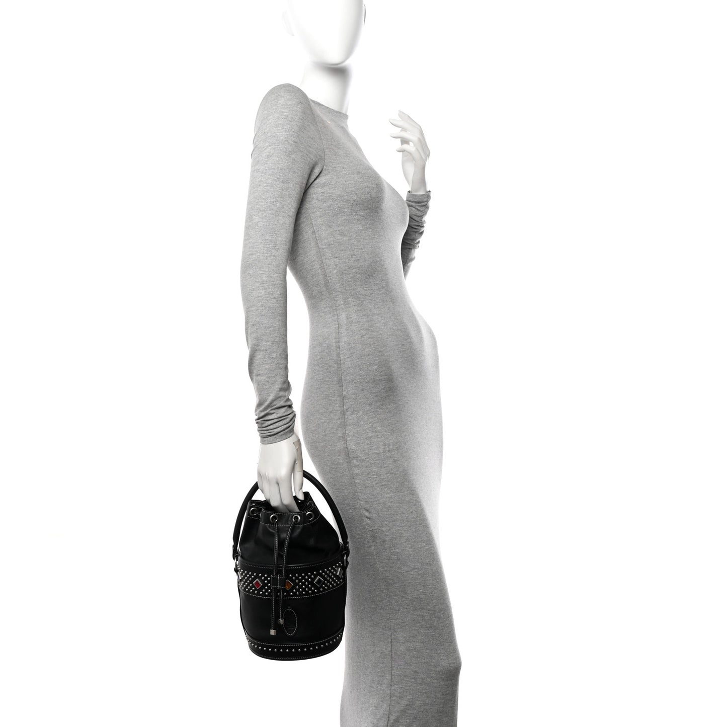 Smooth Calfskin Studded Small Bahia Drawstring Bucket Bag Black Multicolor