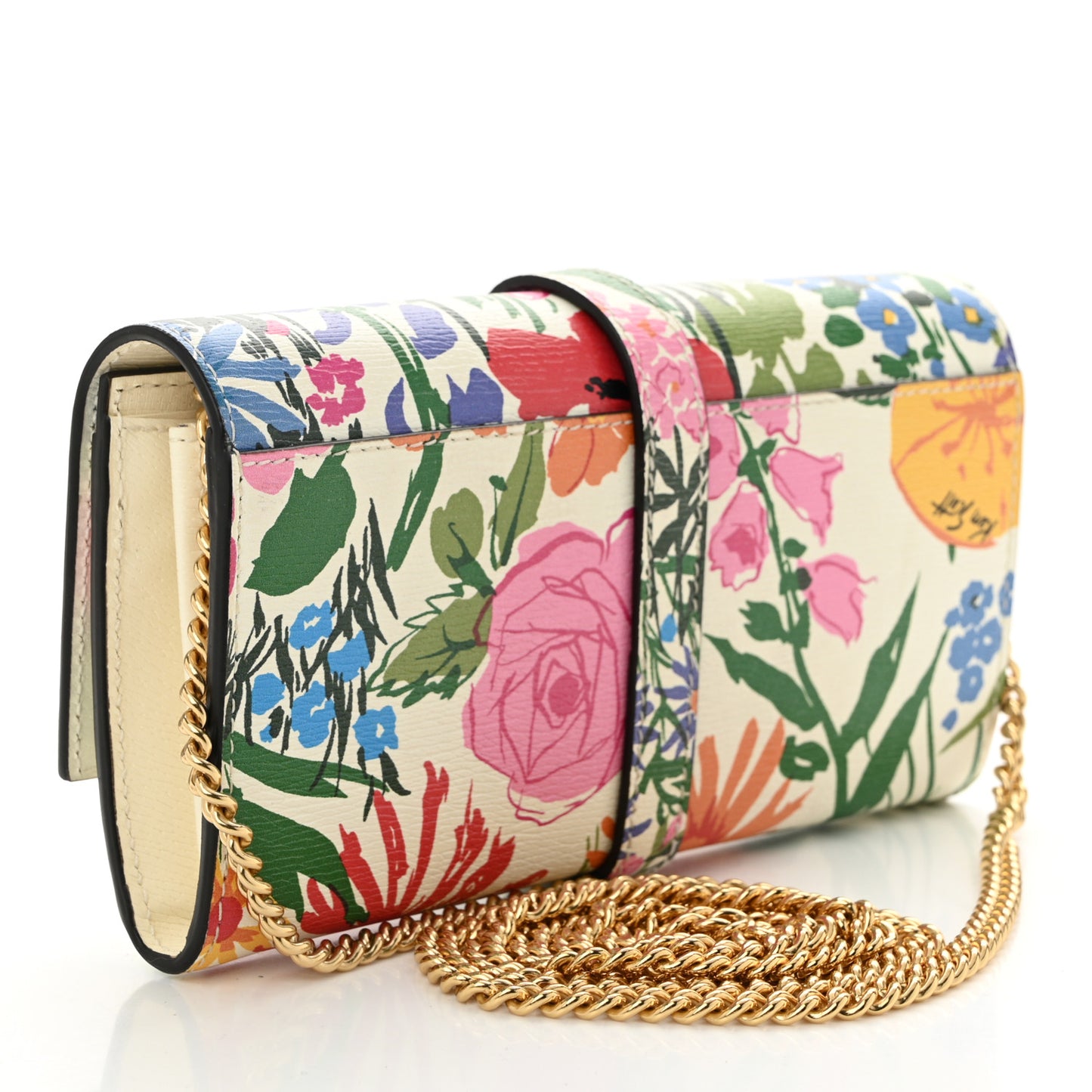 X KEN SCOTT New Shangai Calfskin Jardin D'Avril Floral Print Jackie 1961 Chain Wallet Ivory Pink