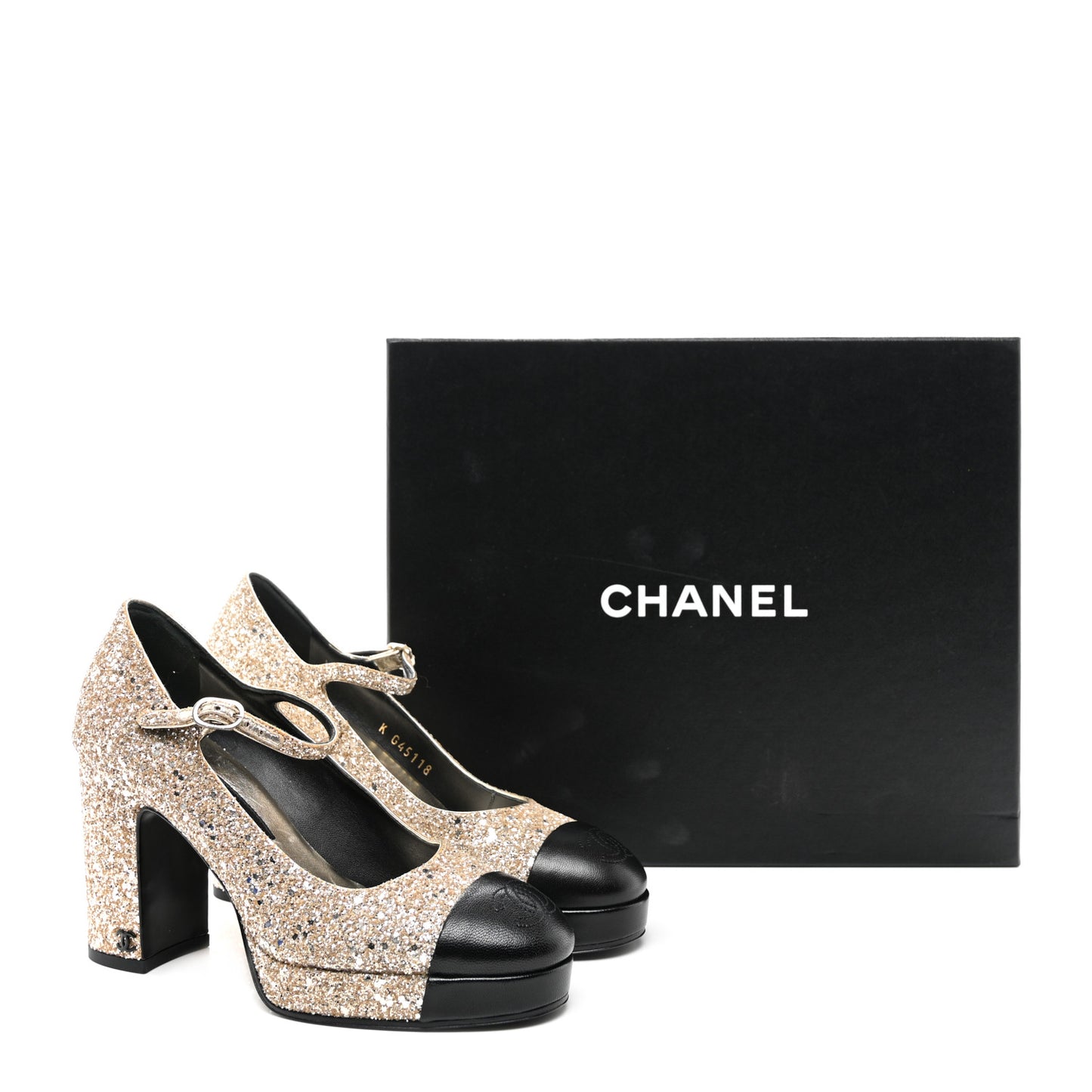 Glitter Lambskin Cap Toe CC Mary Jane Pumps 36 Light Gold Black