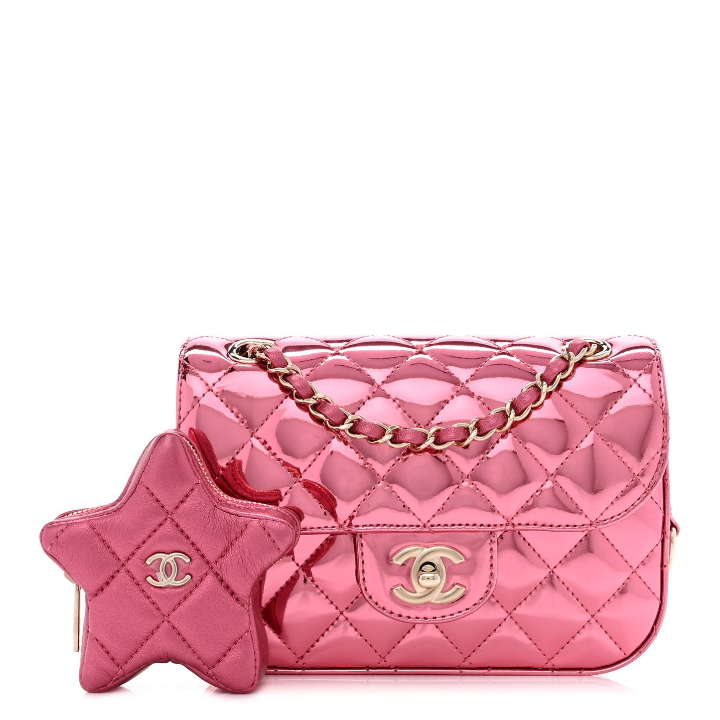 Mirror Calfskin Metallic Lambskin Quilted Hollywood Boulevard Mini Flap With Star Coin Purse Pink