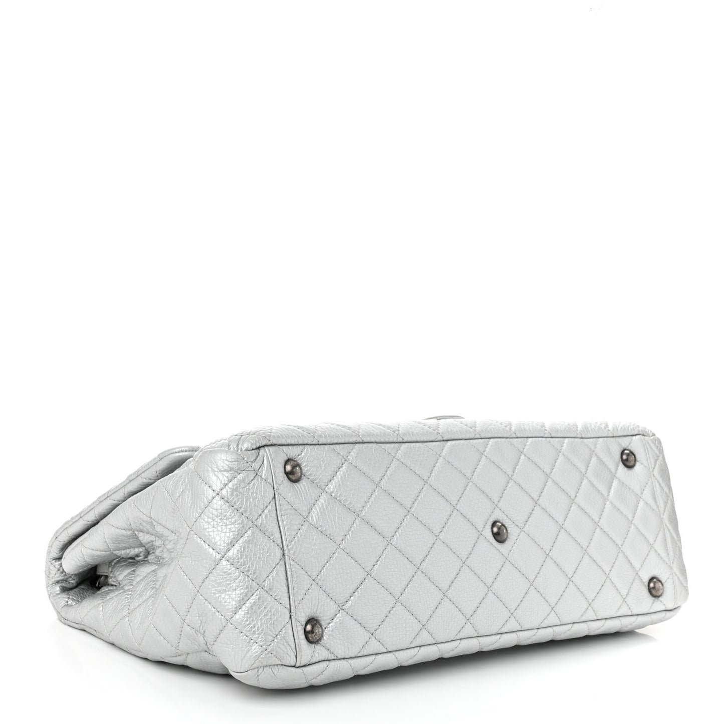 Metallic Calfskin Quilted XXL Travel Flap Bag Silver