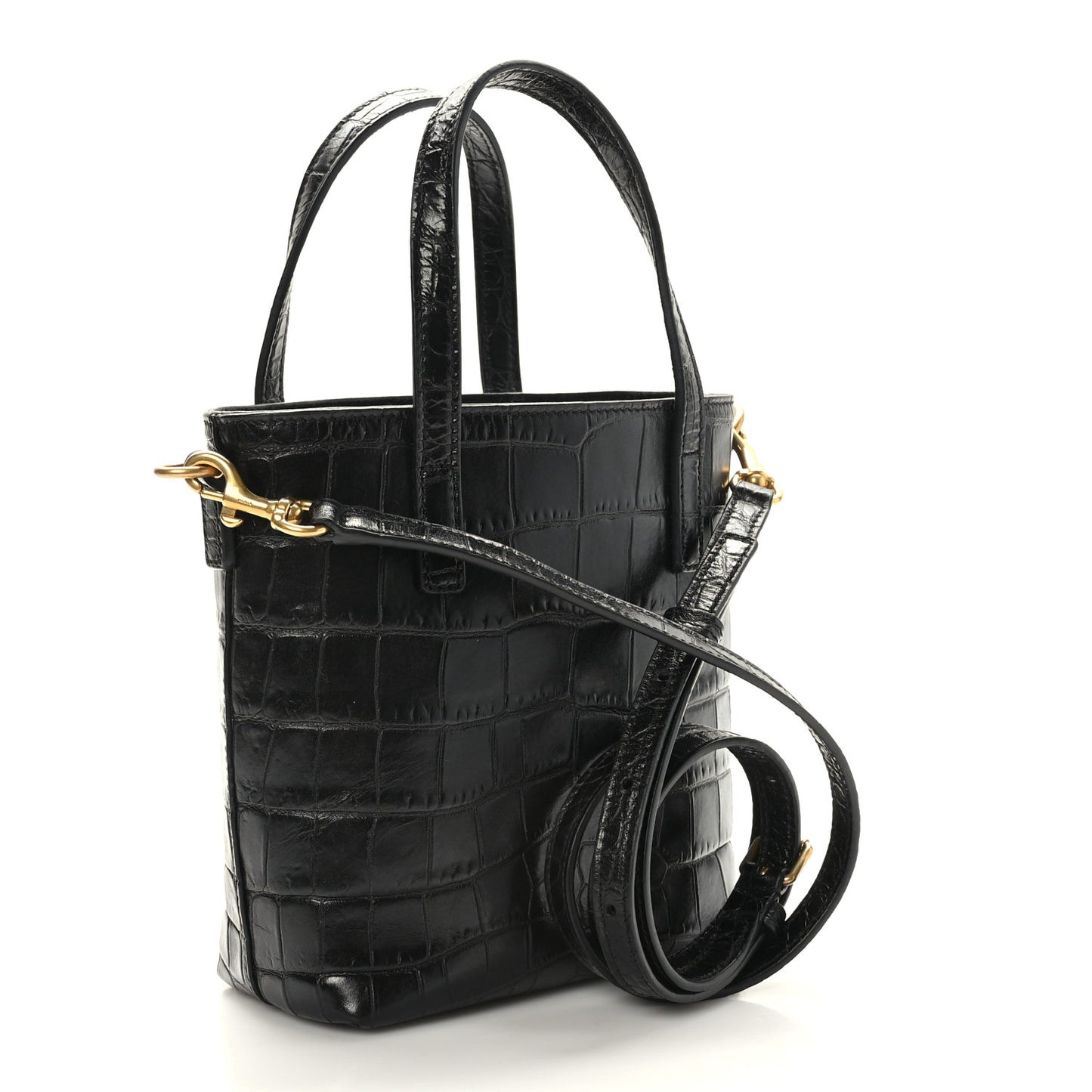 Calfskin Crocodile Embossed Paris Mini Toy Shopper Tote Black