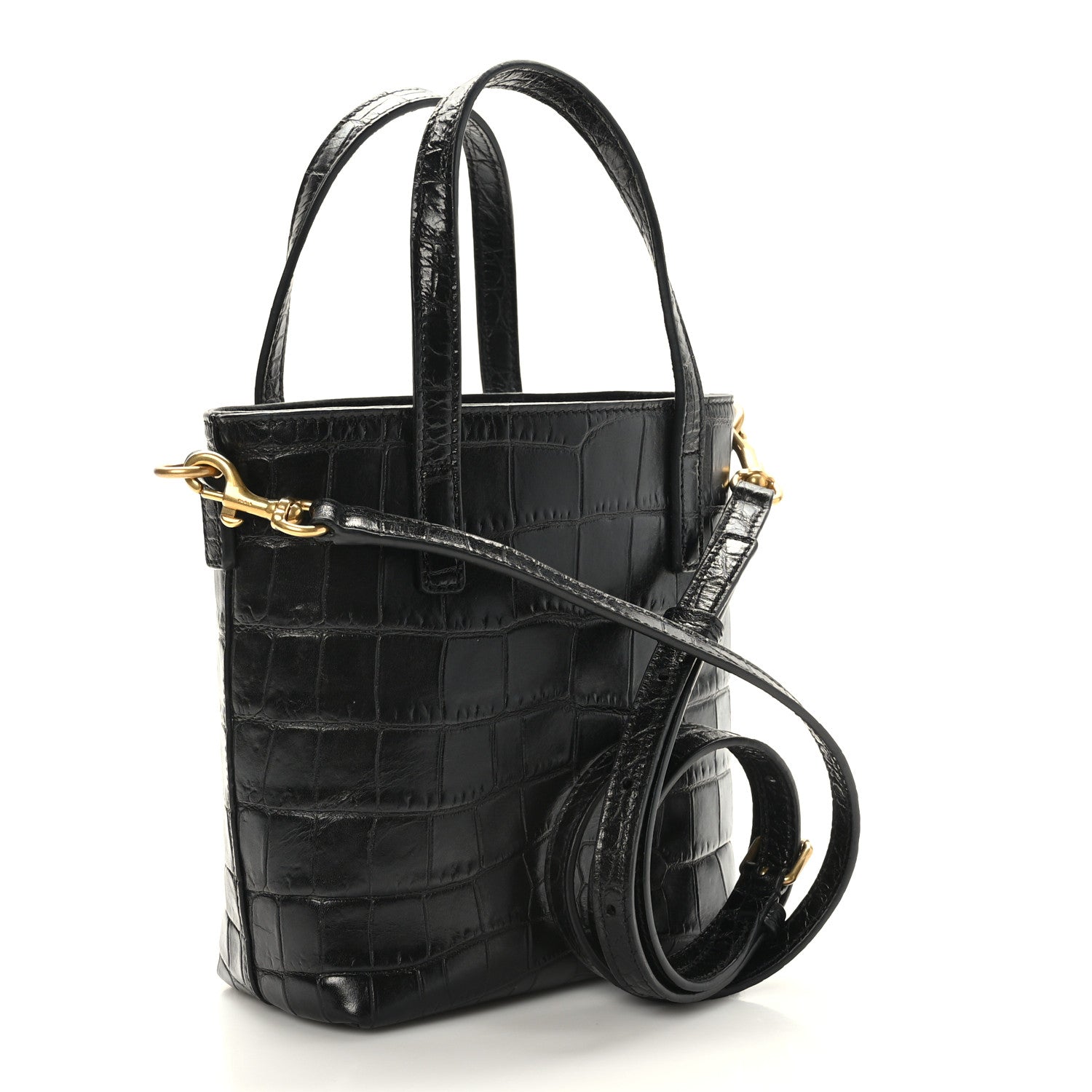 Saint Laurent Calfskin Crocodile Embossed Paris Mini Toy Shopper Tote Black 3 of 9