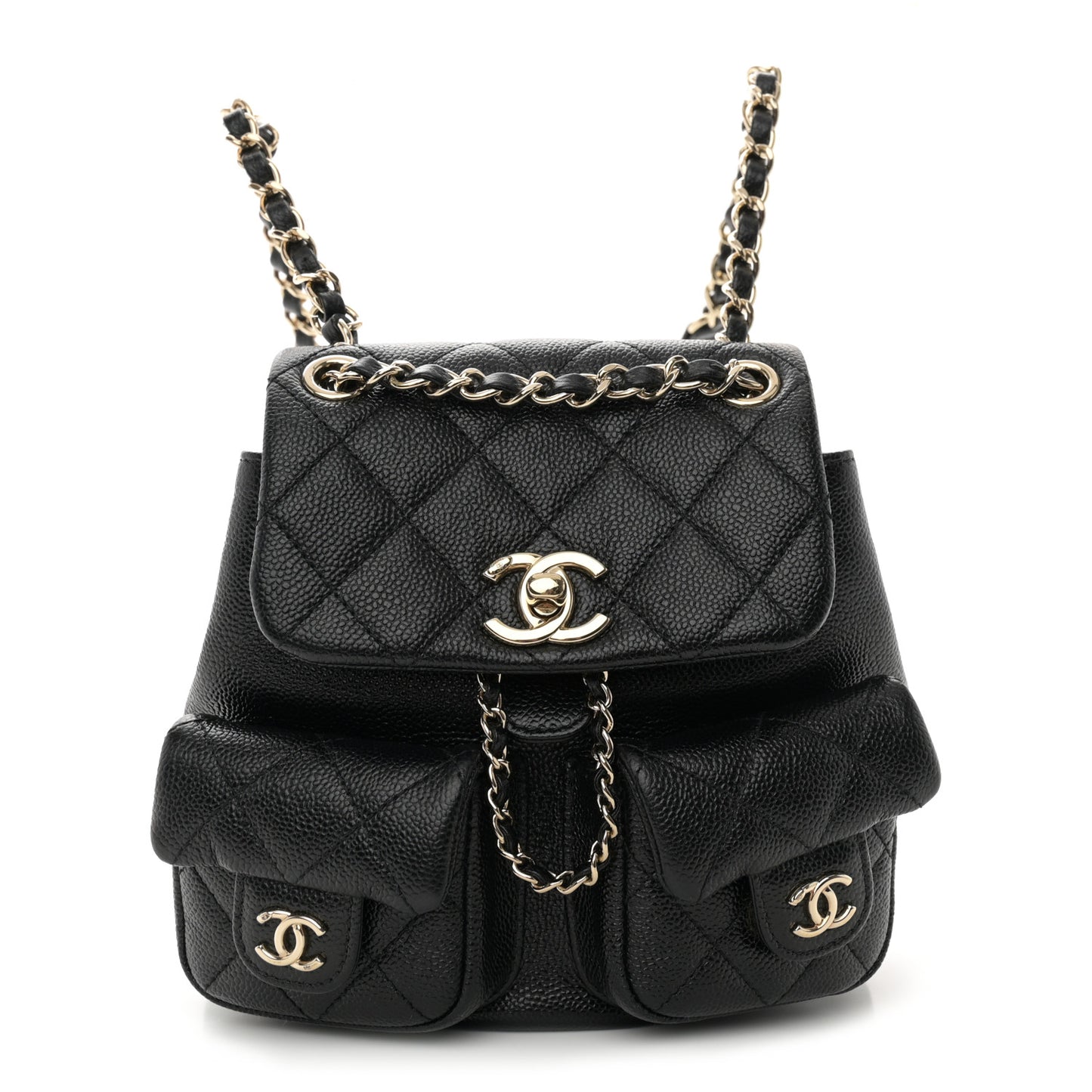 Shiny Caviar Quilted Small Duma Pockets Drawstring Backpack Black