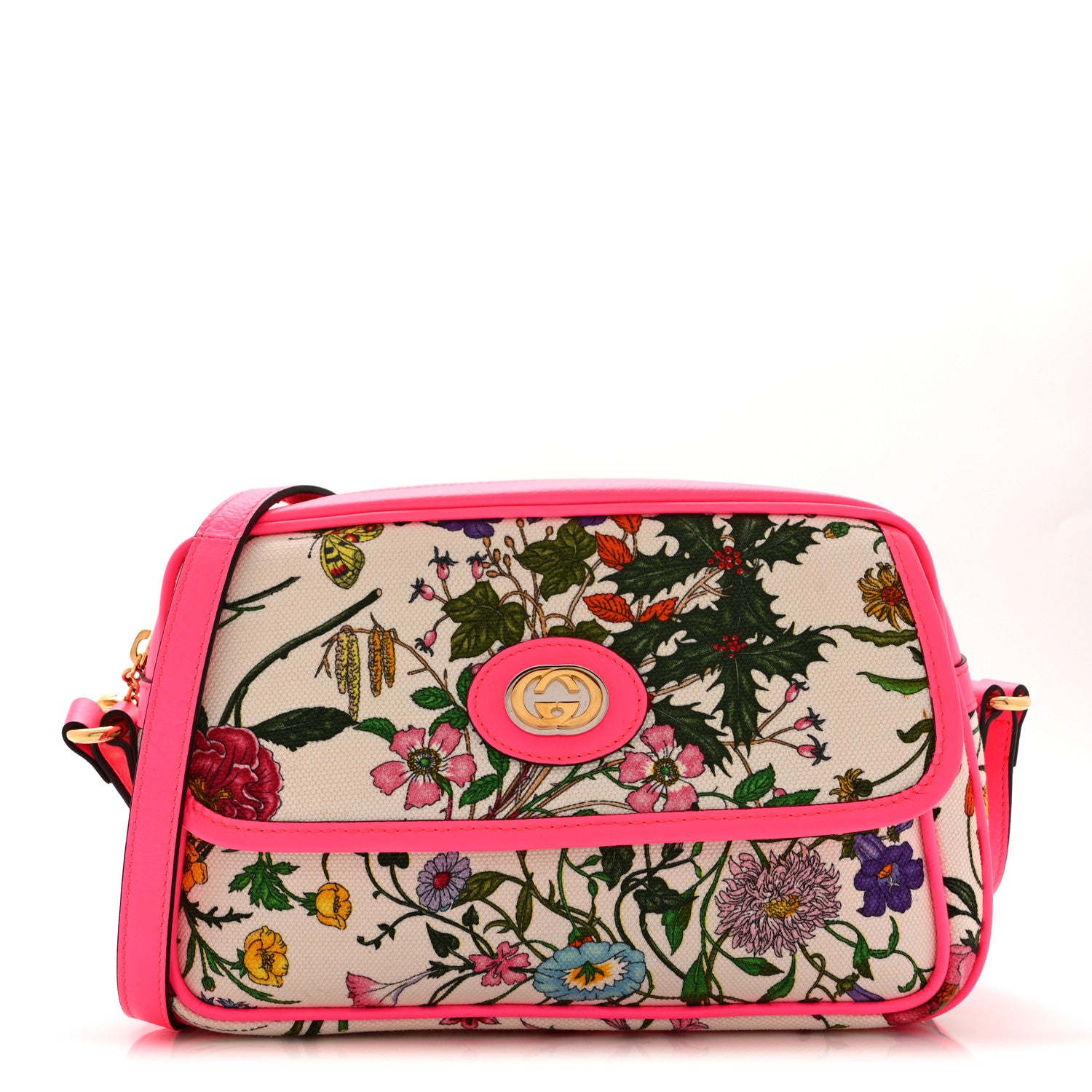 Gucci Canvas Flora Floral Shoulder Bag White Fuchsia Fluo 1854126