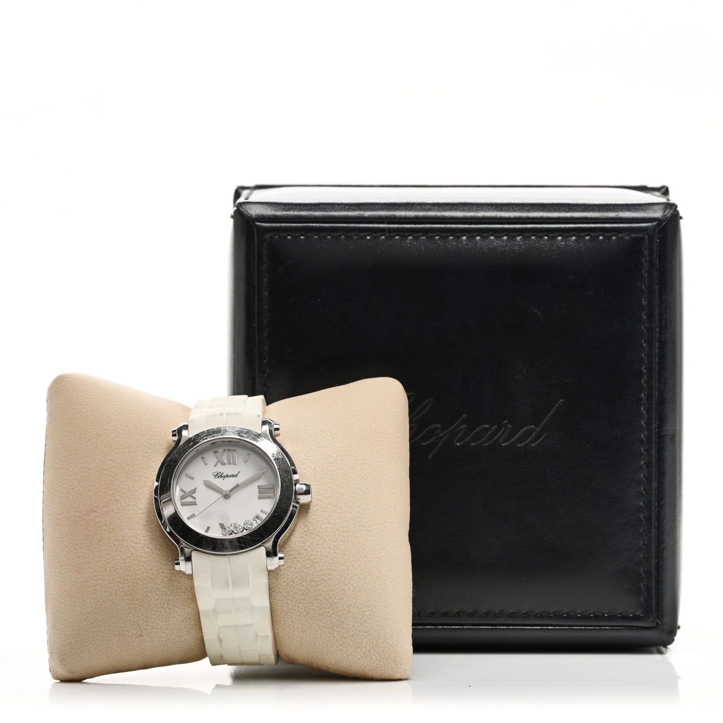 Stainless Steel Rubber 3 Diamond 36mm Happy Sport Quartz Watch White