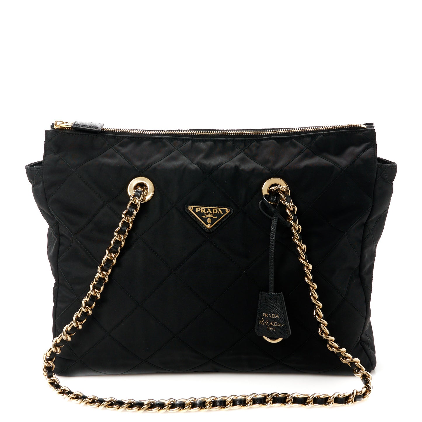 Re-Nylon Impunturato Saffiano Triangle Stitched Re-Edition 1995 Chaine Large Shoulder Bag Black