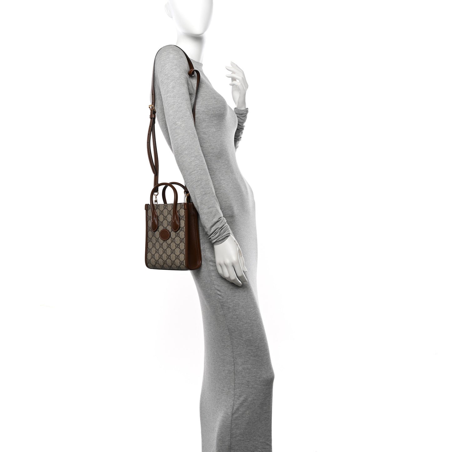 GG Supreme Monogram Azalea Calfskin Mini Retro Interlocking G Tote Bag Beige Ebony Brown Sugar
