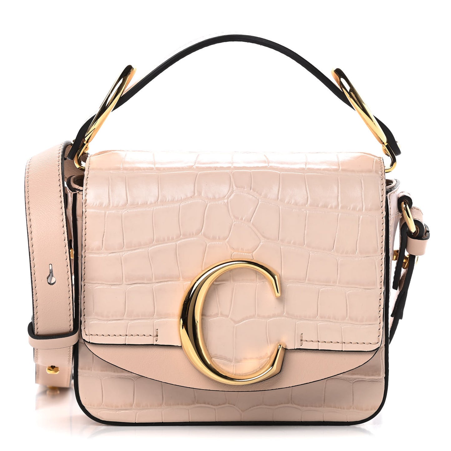 Calfskin Crocodile Embossed Mini C Double Carry Cement Pink