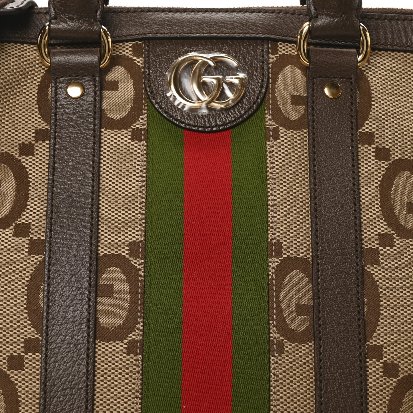 Monogram Jumbo GG Textured Dollar Calfskin Web Medium Duffle Bag Camel Ebony