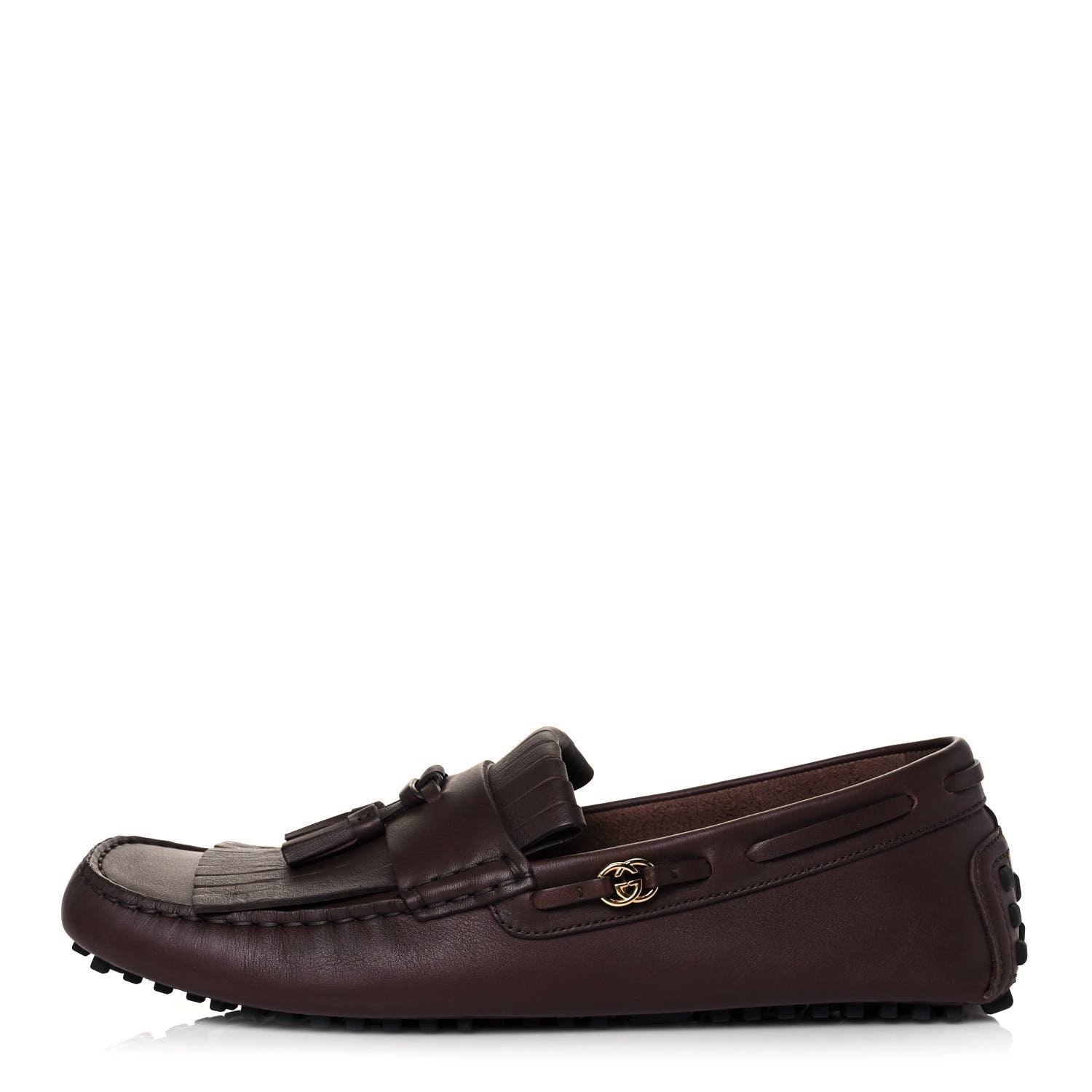 Gucci Calfskin Fringe Interlocking G Mens Driver Loafers 10 Brown 1 of 8