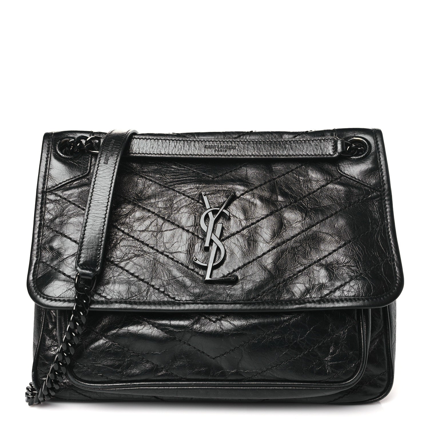 Saint Laurent Crinkled Calfskin Matelasse Monogram Medium Niki Chain Satchel Black 1 of 10
