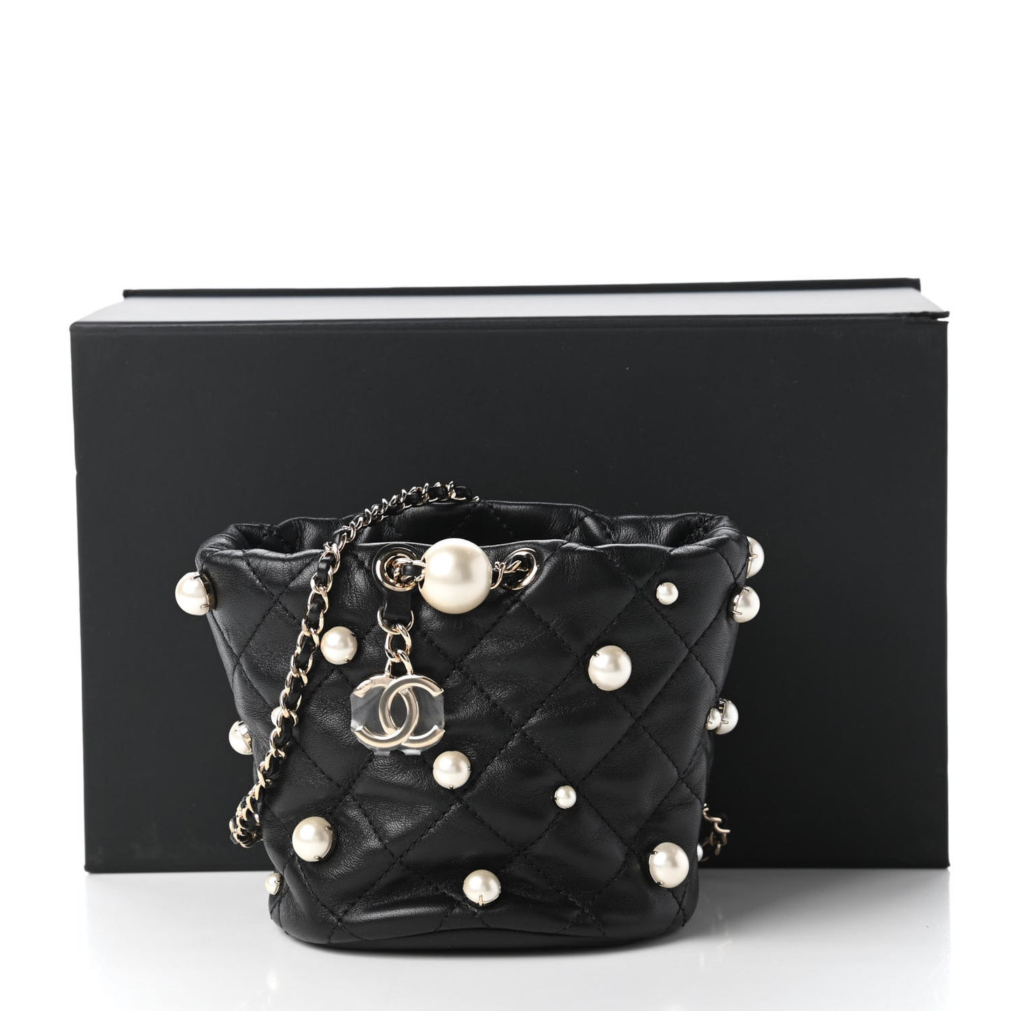 Lambskin Quilted Pearl Mini About Pearls Drawstring Bag Black