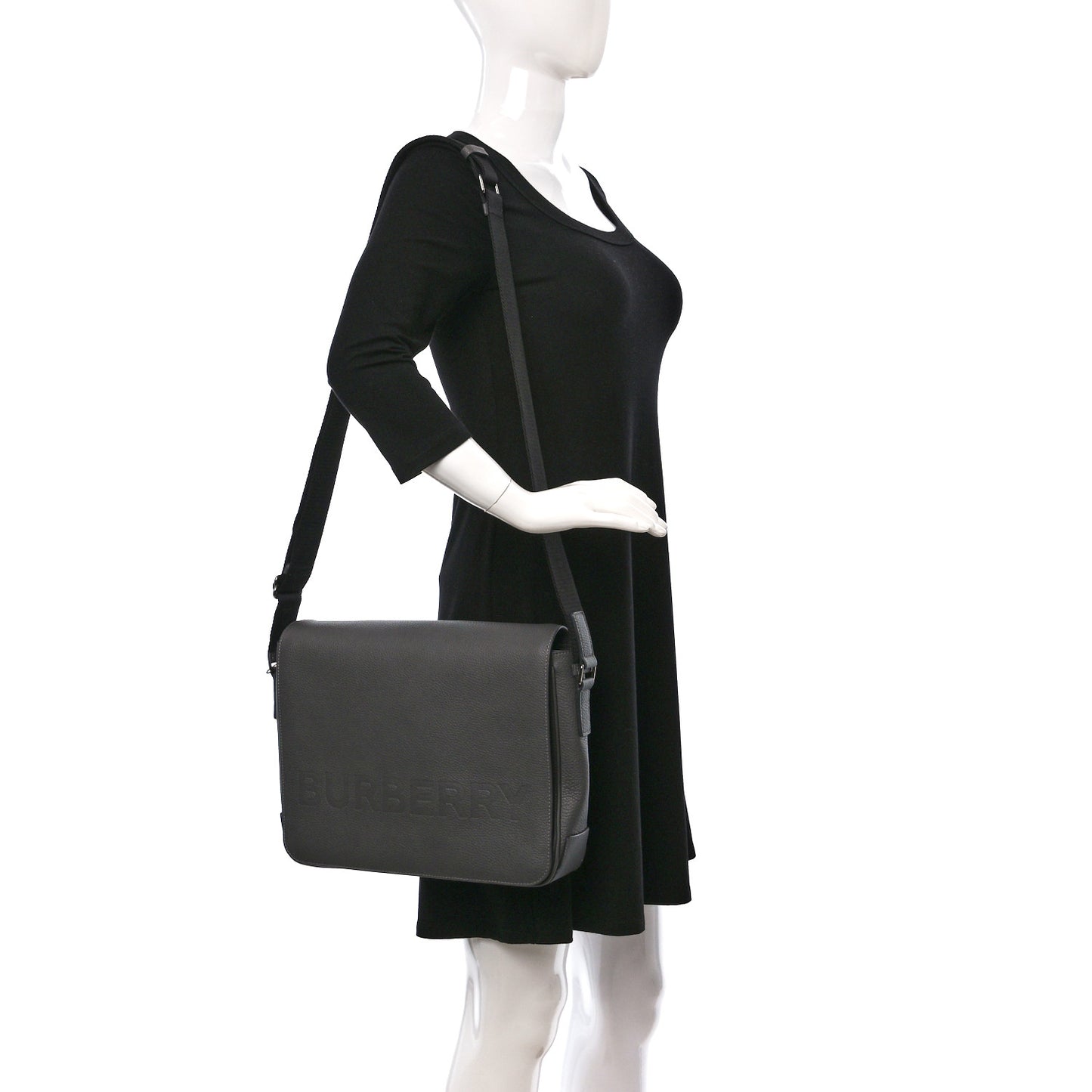 Grainy Calfskin Embossed Bruno Messenger Charcoal Grey