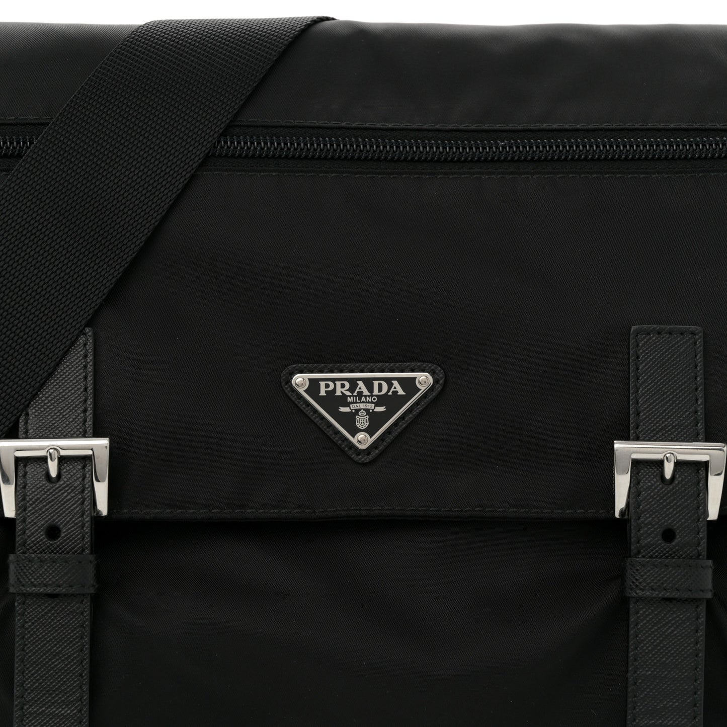 Tessuto Nylon Saffiano Double Buckle Messenger Shoulder Bag Black