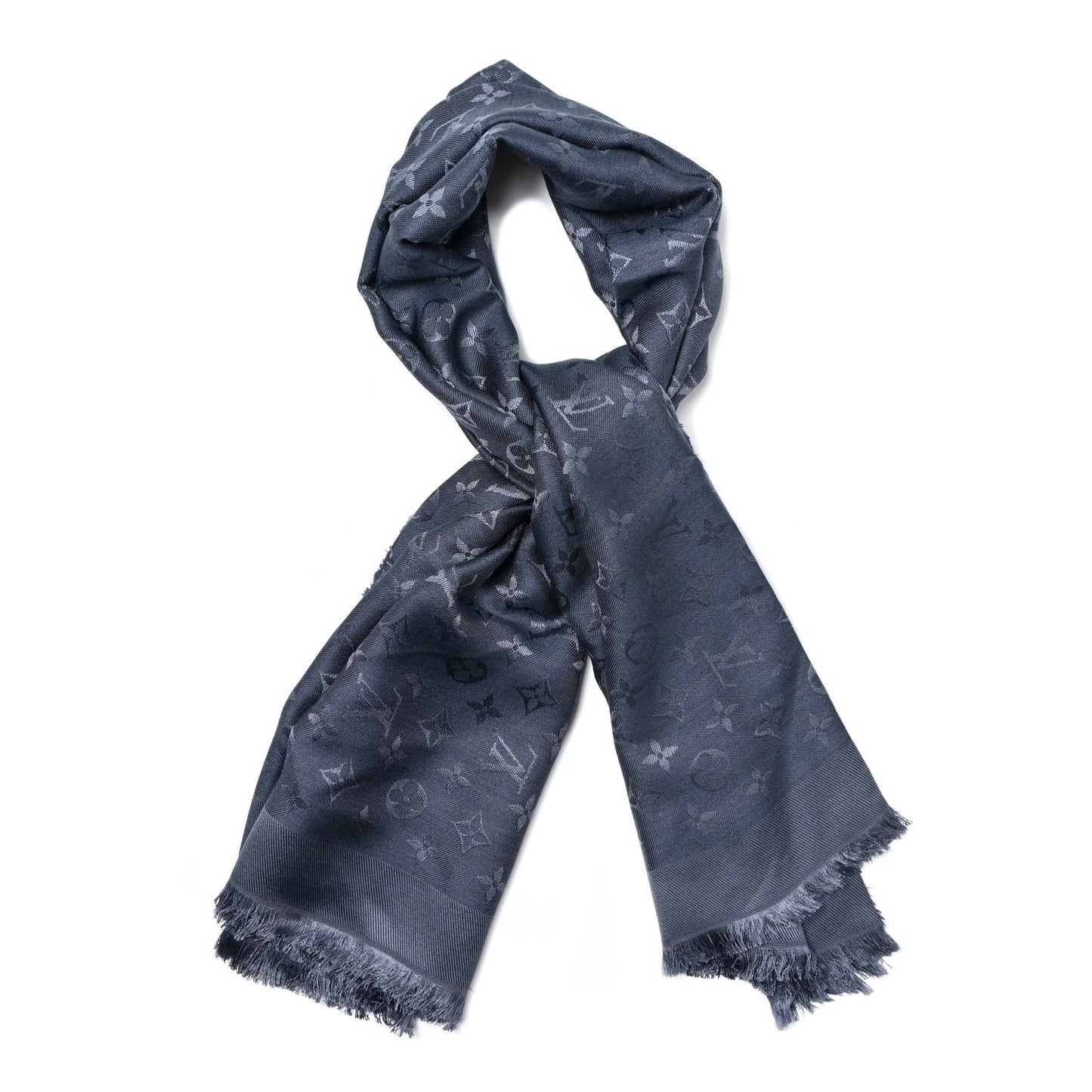 Silk Wool Monogram Denim Shawl Blue
