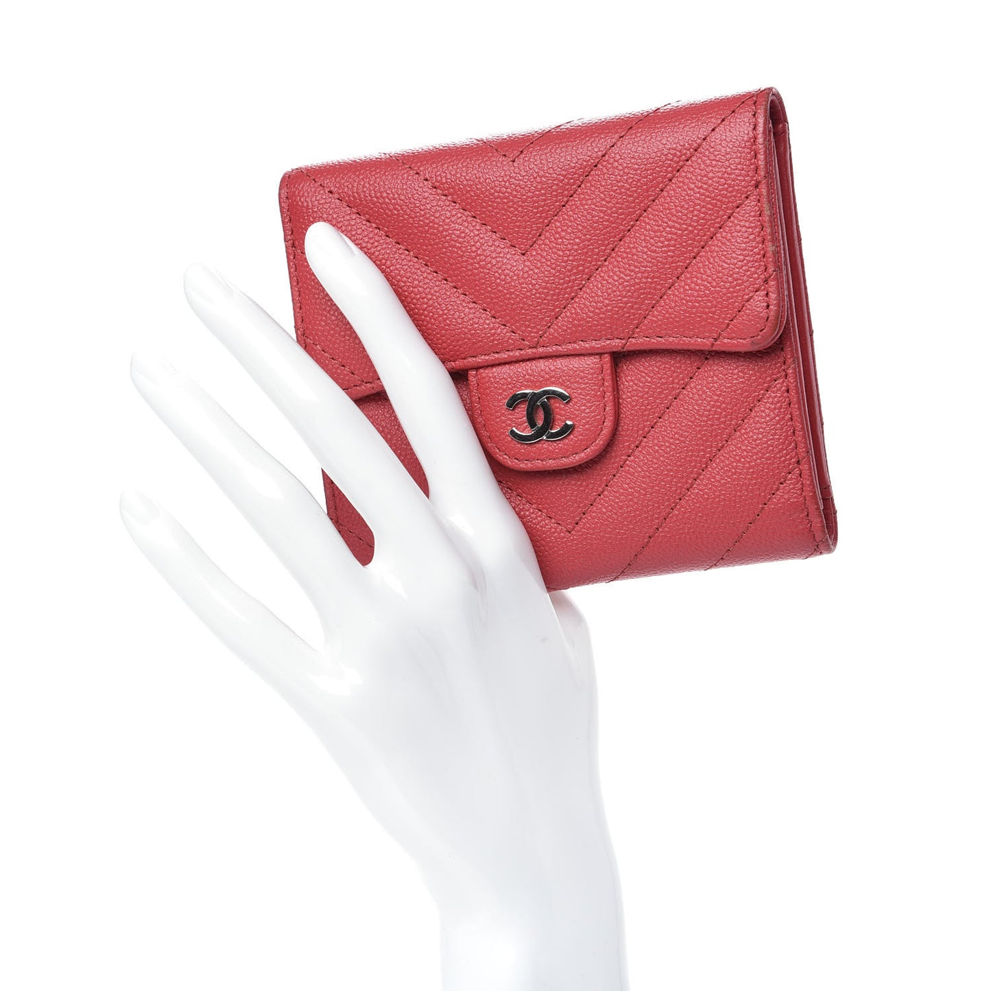 Caviar Chevron Quilted Compact Flap Wallet Red