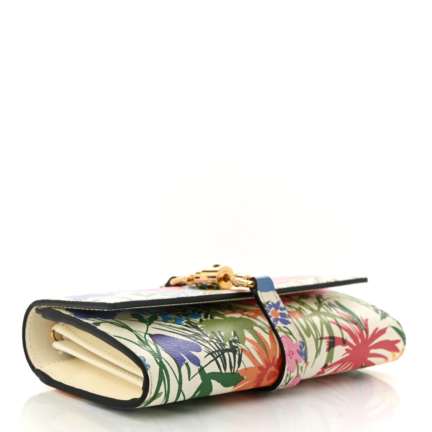 X KEN SCOTT New Shangai Calfskin Jardin D'Avril Floral Print Jackie 1961 Chain Wallet Ivory Pink